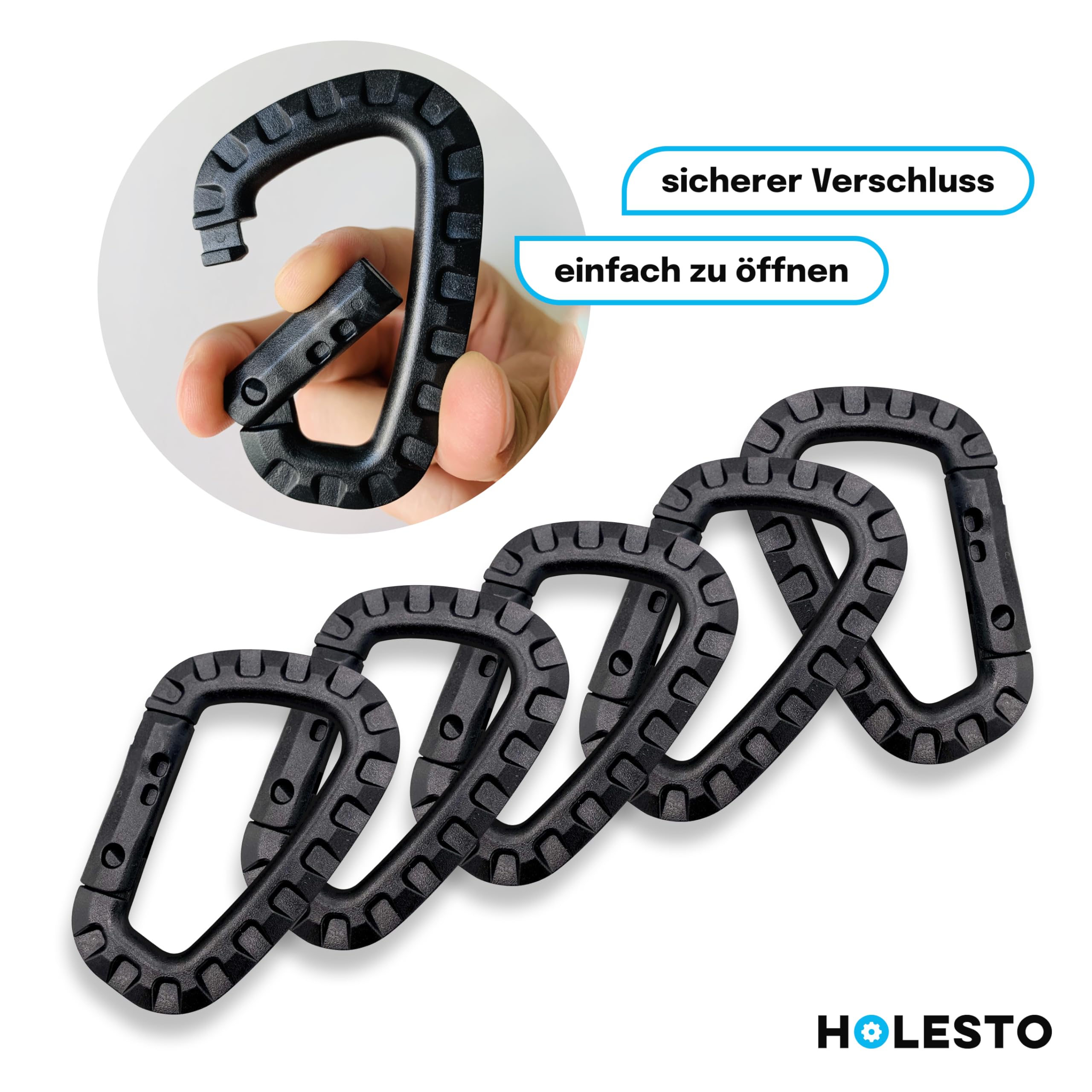 Set di 5 Moschettoni in Plastica – Moschettone Tattico Nero con Chiusura a Molla – Moschettone Grande Molle a D per Uso Esterno, Zaino, Campeggio ed Escursionismo – Carabiner