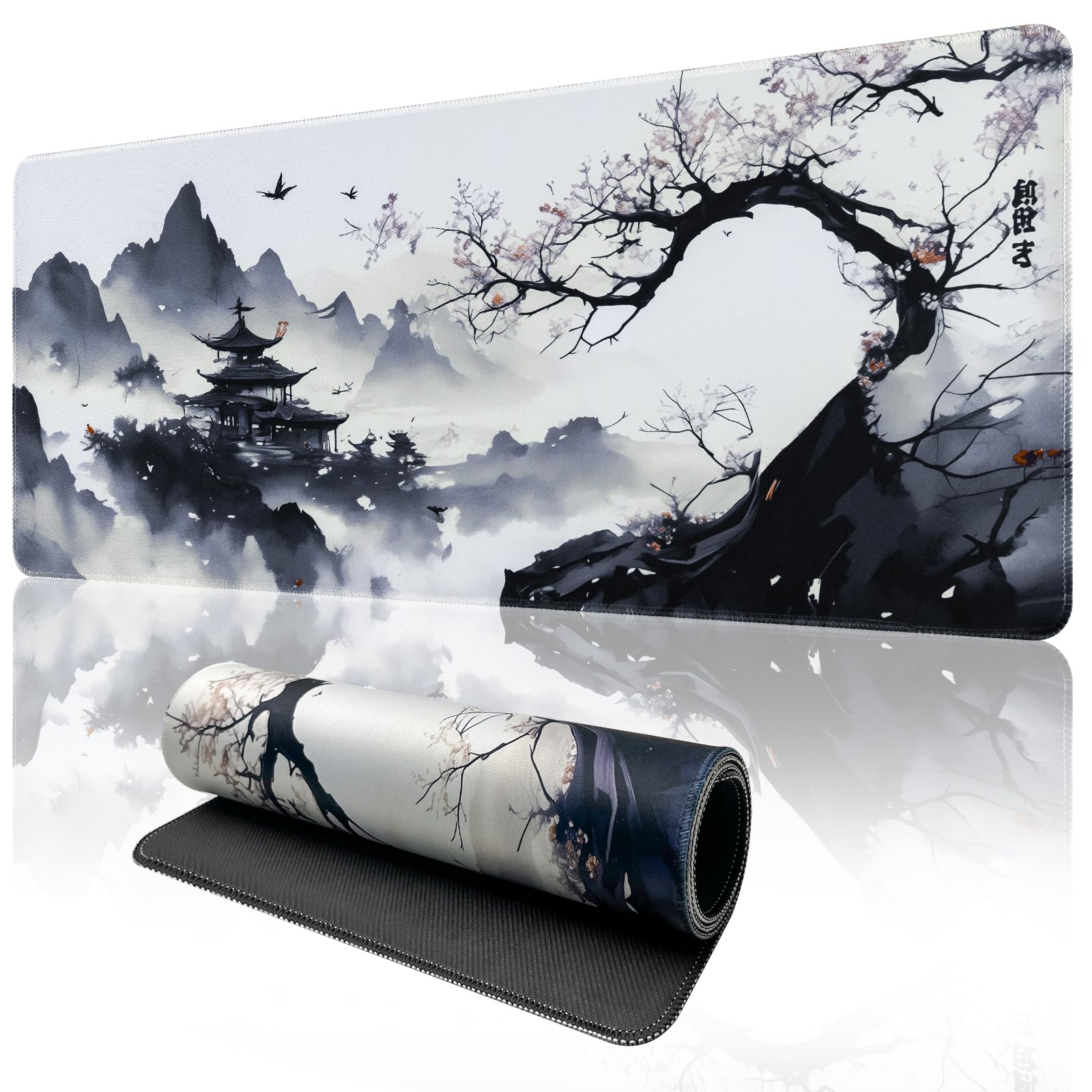 Zindoo Alfombrilla Ratón XXL Alfombrilla Escritorio 1200 x 600 mm Mejora la Precisión y la Velocidad con Base de Goma Antideslizante y Bordes Cosidos (Pintura a Tinta)