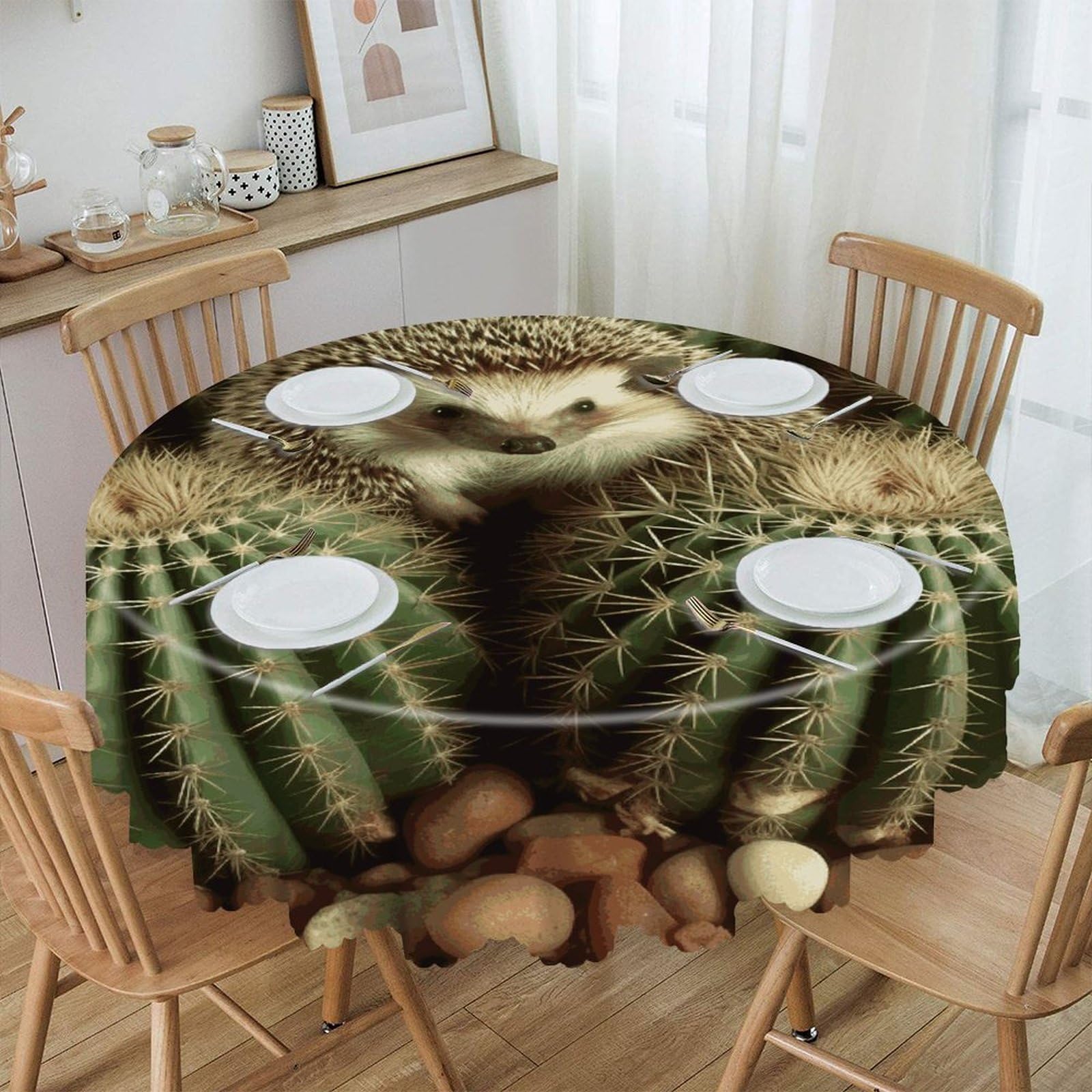 Btcowzrv Style Hedgehogs Cactus Polyester Round Tablecloth 59.84 Inch, Decorative Washable Table Cover, Table Cloth For Restaurant Picnic Indoor And Outdoor Dining