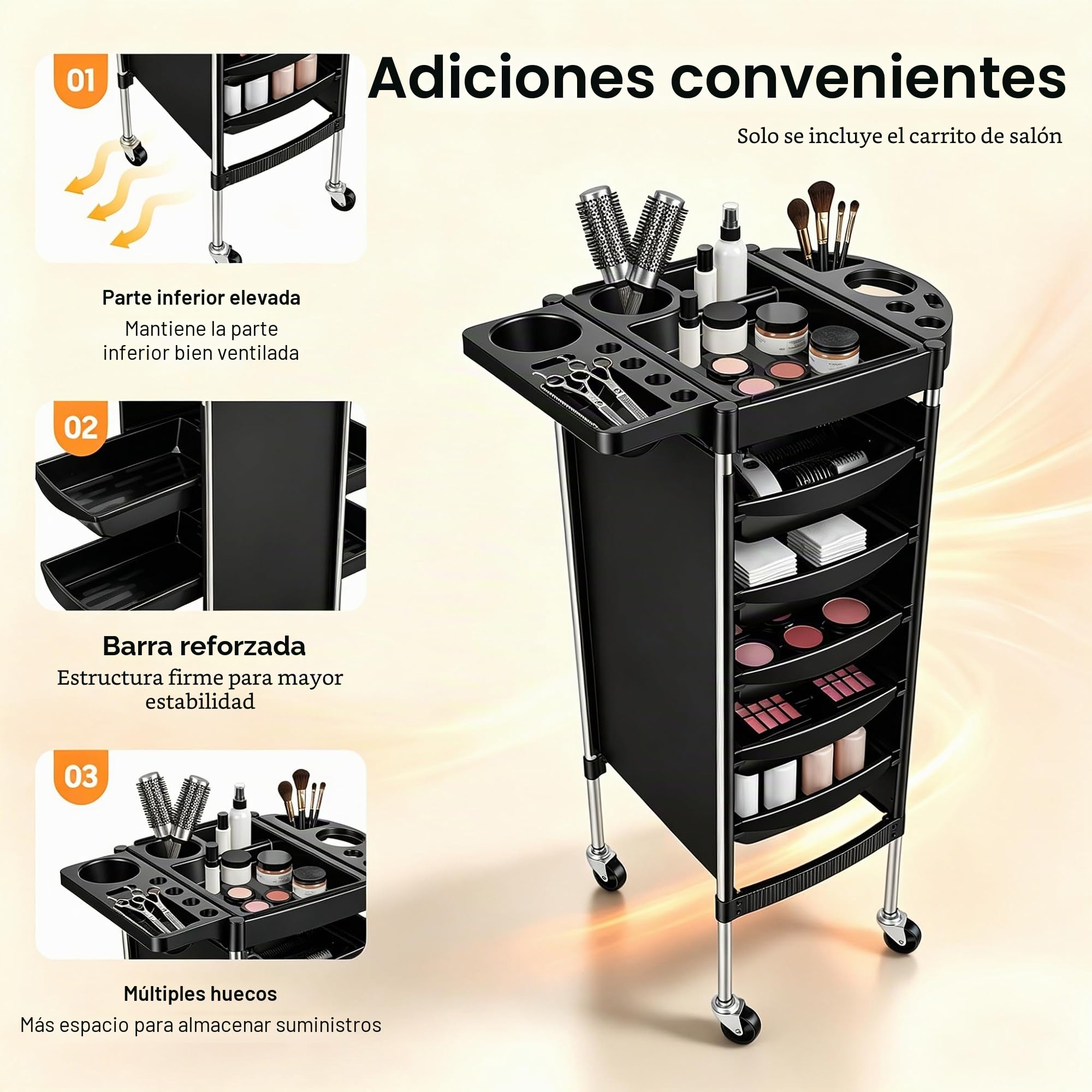 Carrito de peluquería con ruedas, 36 x 85,5 cm, 5 cajones, rectangular, con múltiples orificios para suministros de peluquería, joyas, cosméticos, color negro