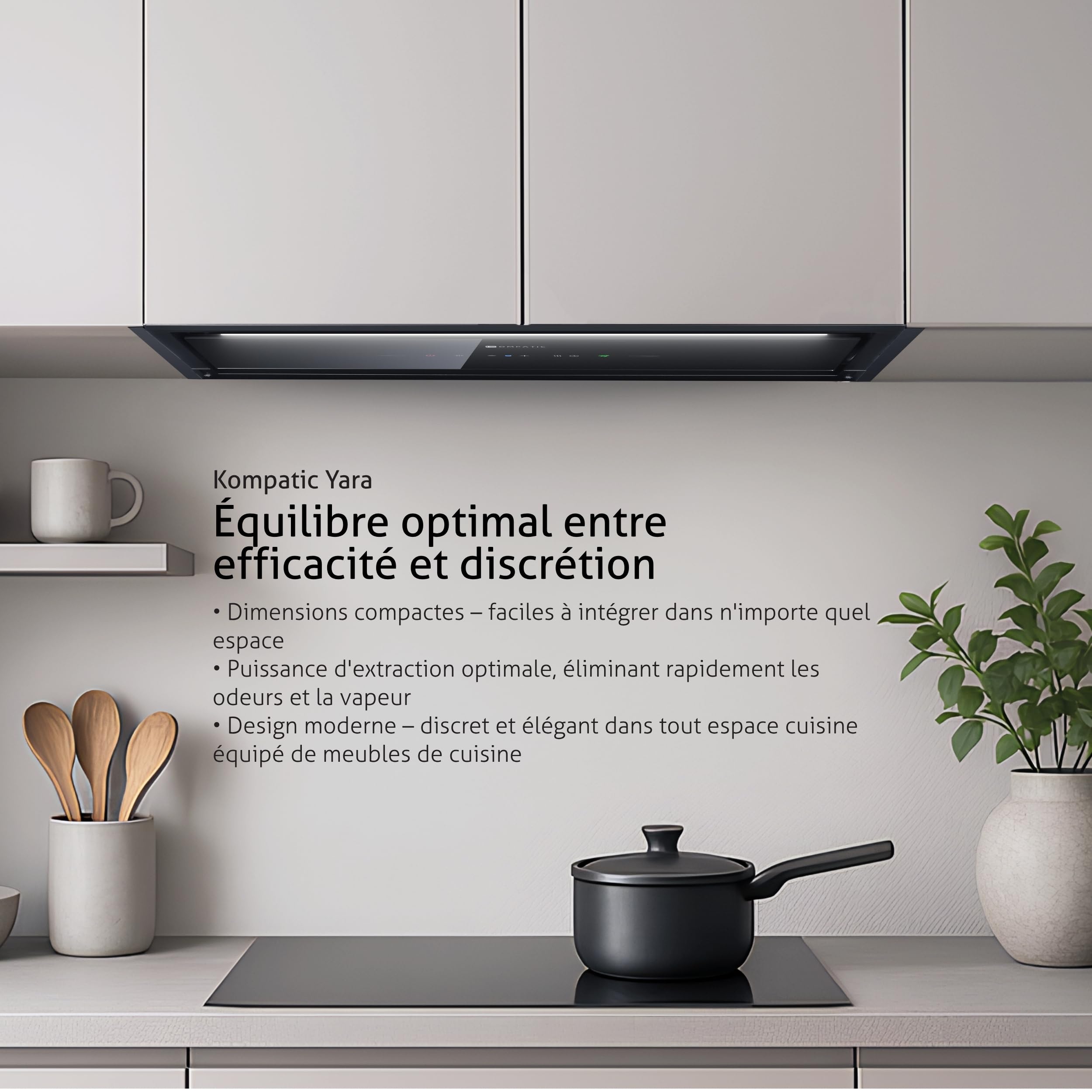 Yara 60 KPYR60BIB hotte encastrable 60 cm, 800 m³/h, classe A+, commande gestuelle/tactile, No Drip anti-condensation, télécommande, purification d’air, LED réglable, noir mat.