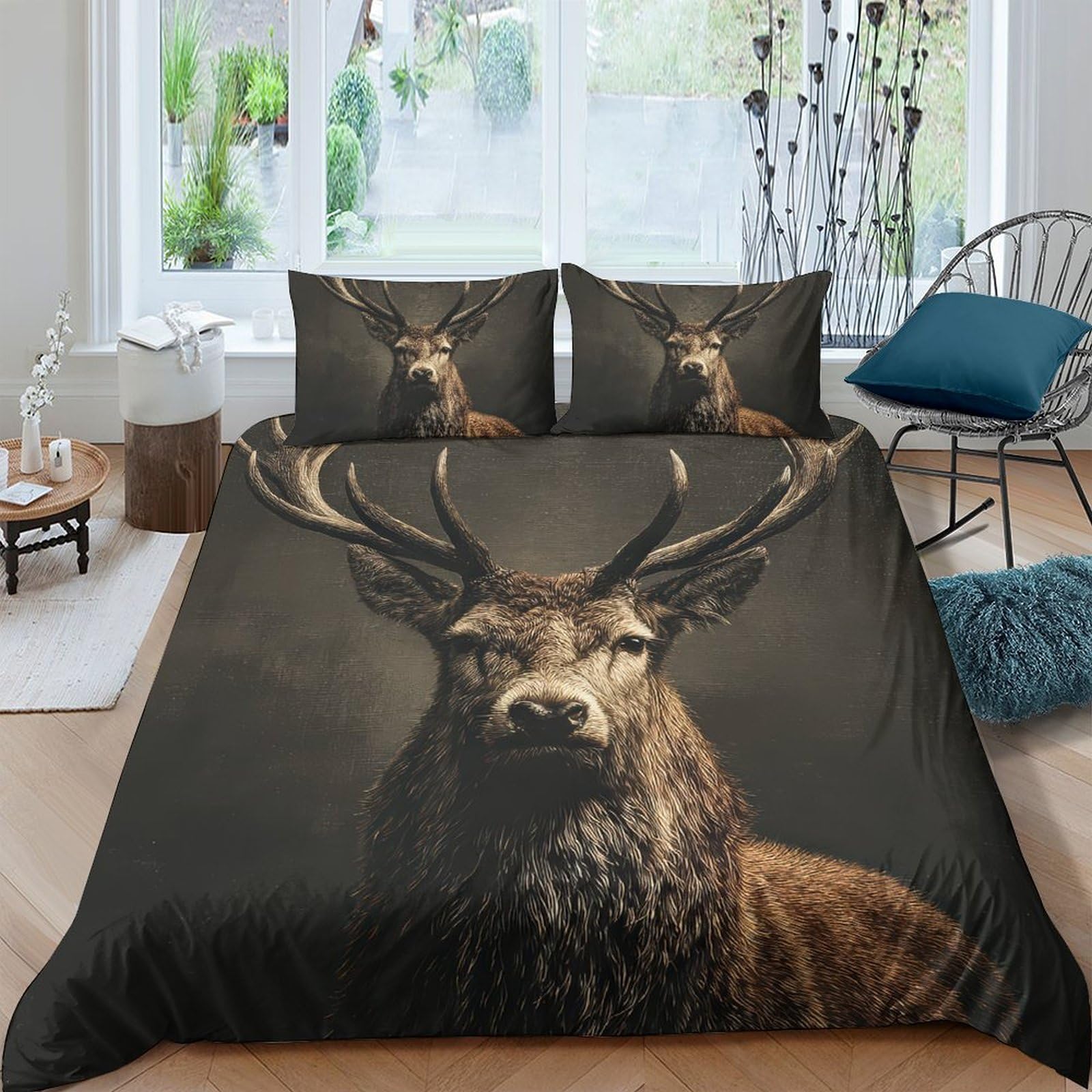 Ctjqhvkz Style-6 3D Printed Stag Animal Fitted Sheet Microfiber Soft Breathable Antler Deer Mattress Cover For Bedroom Dorm Decor Single（135X200cm）