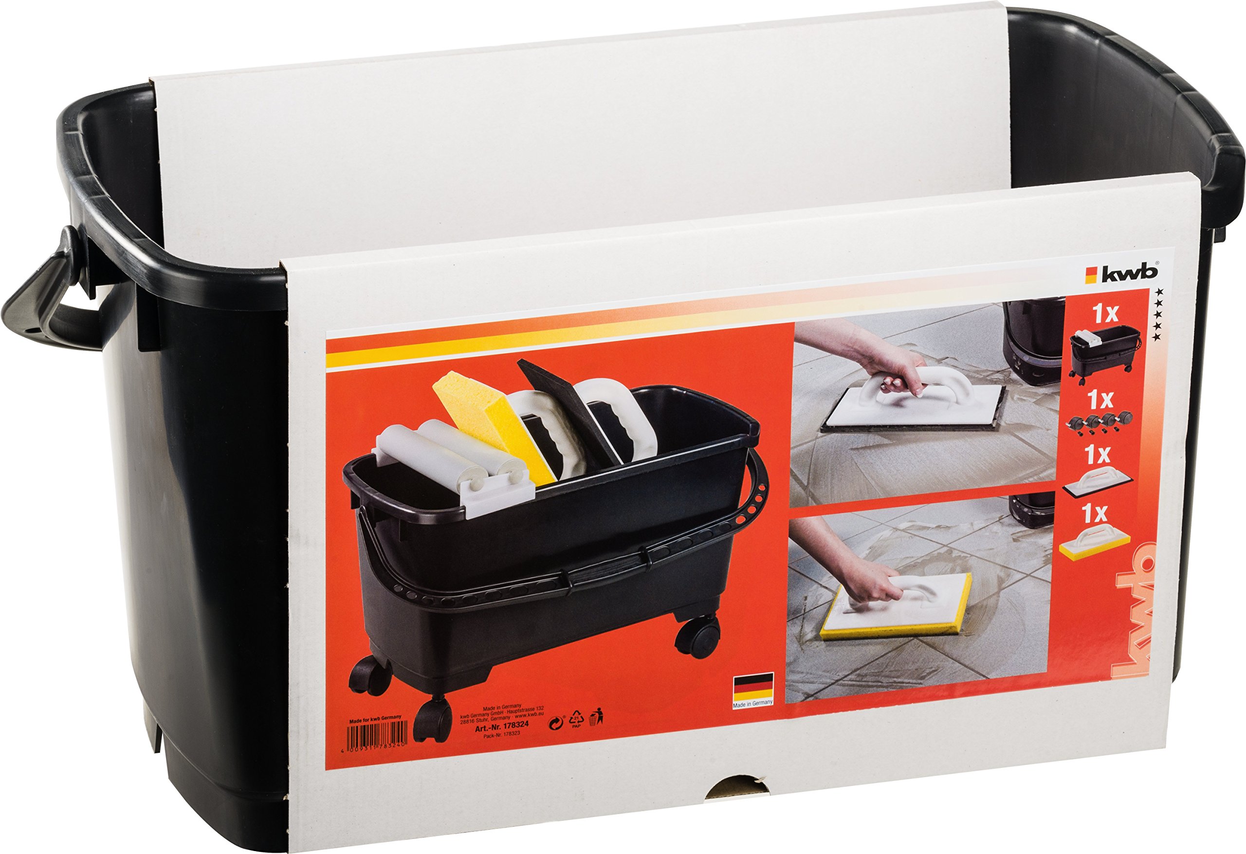 KWB 1783-24 Set di lavaggio per piastrellisti Profi 3 pezzi - secchio di lavaggio da 24 l incl. doppio rullo compressore, spugna in gomma cellulare, 1x tavola di pulizia con supporto per spugna idraulica, rulli di trasporto, Made in Germany