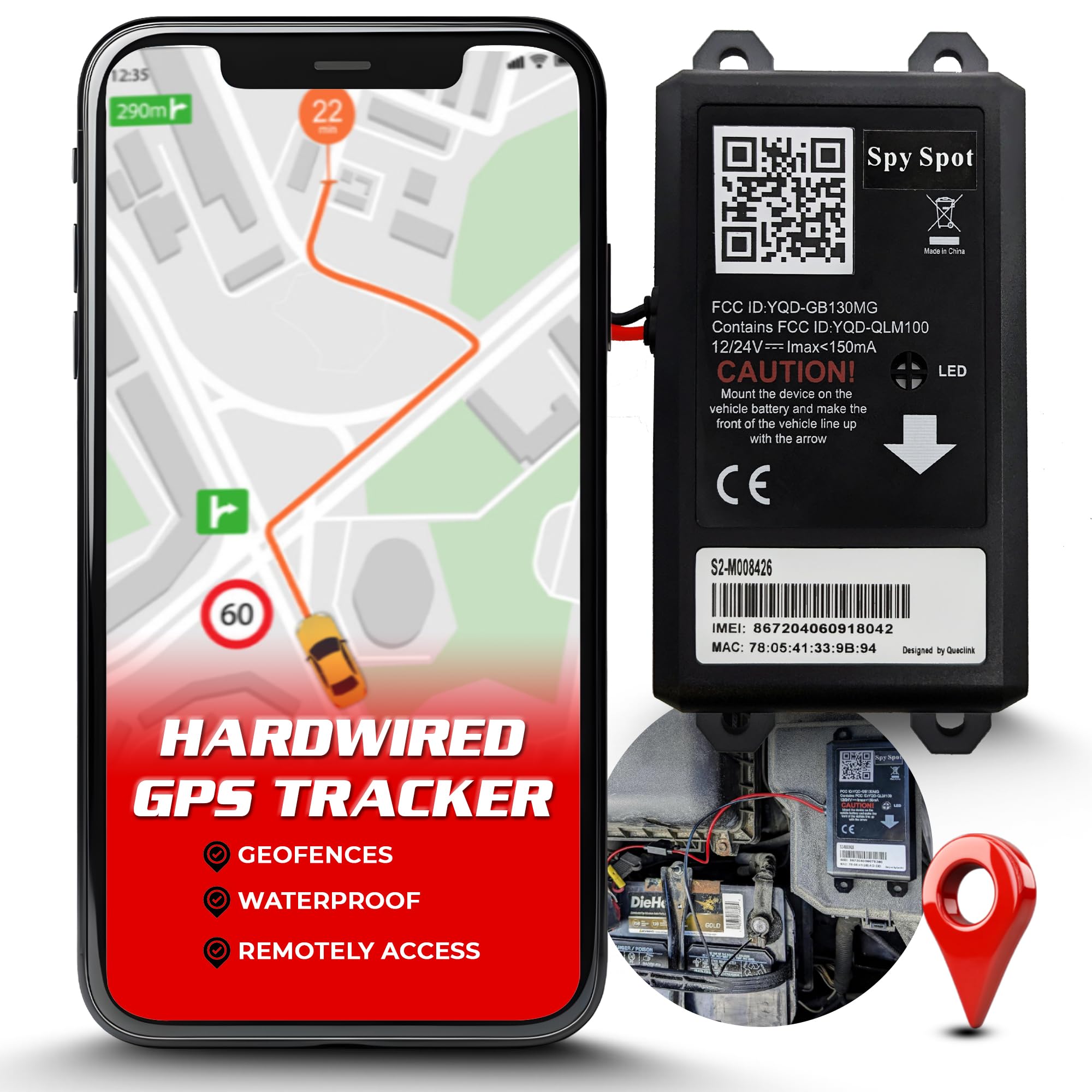 Spy Spot Wired GPS Tracker for Vehicles | 12/24v Car Battery Installation | Waterproof Tracking Device for Fleets, Trucks, and Boats | 4G LTE Queclink (Subscription Required)