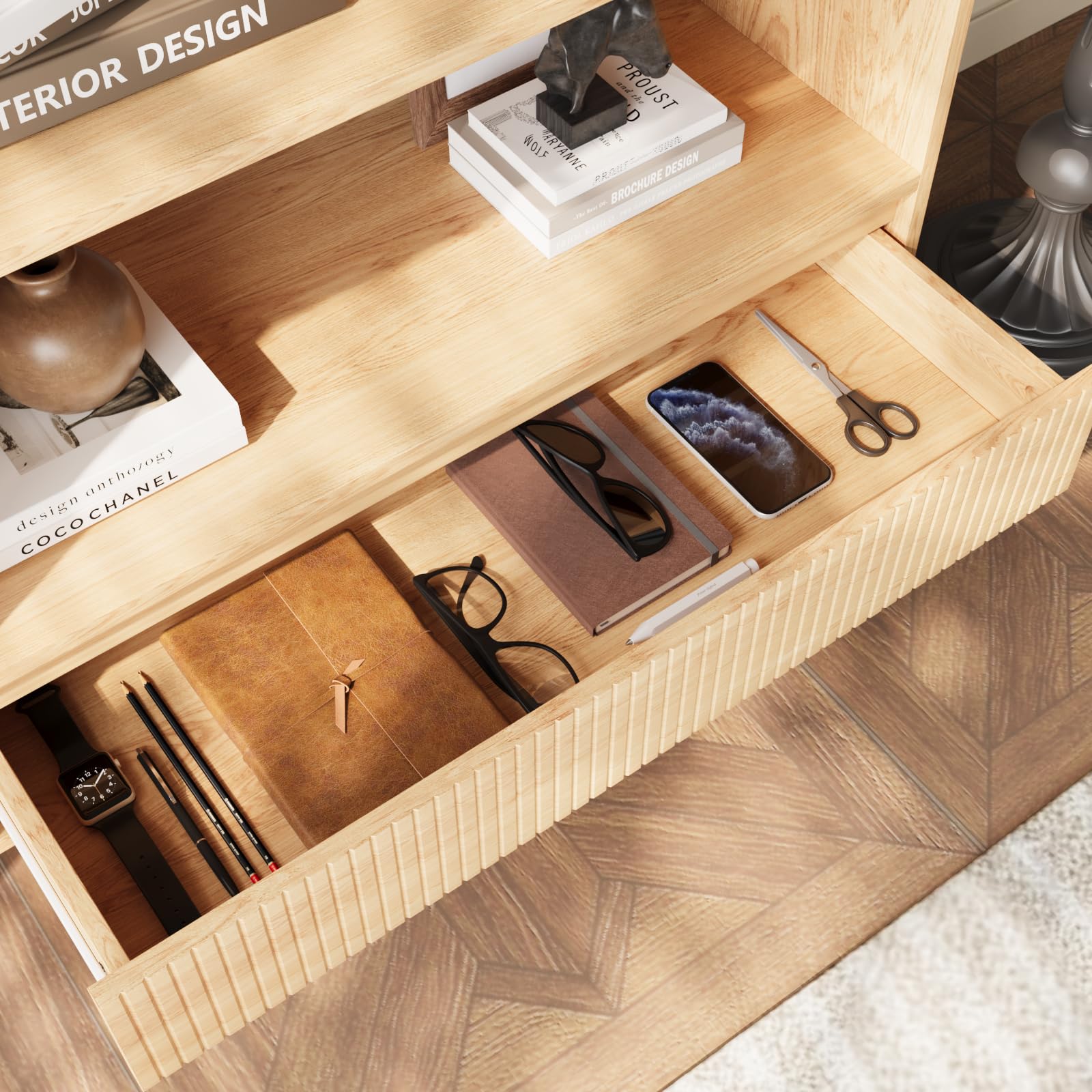 VOWNER 3-Ebenen Bücherregal mit Schublade, Offenes Standregal, Holzregal Modern, Vielseitiges Aufbewahrungsregal, für Büro, Wohnzimmer, Schlafzimmer, Küche, 80x120x30 cm, Holzfarbe (1)