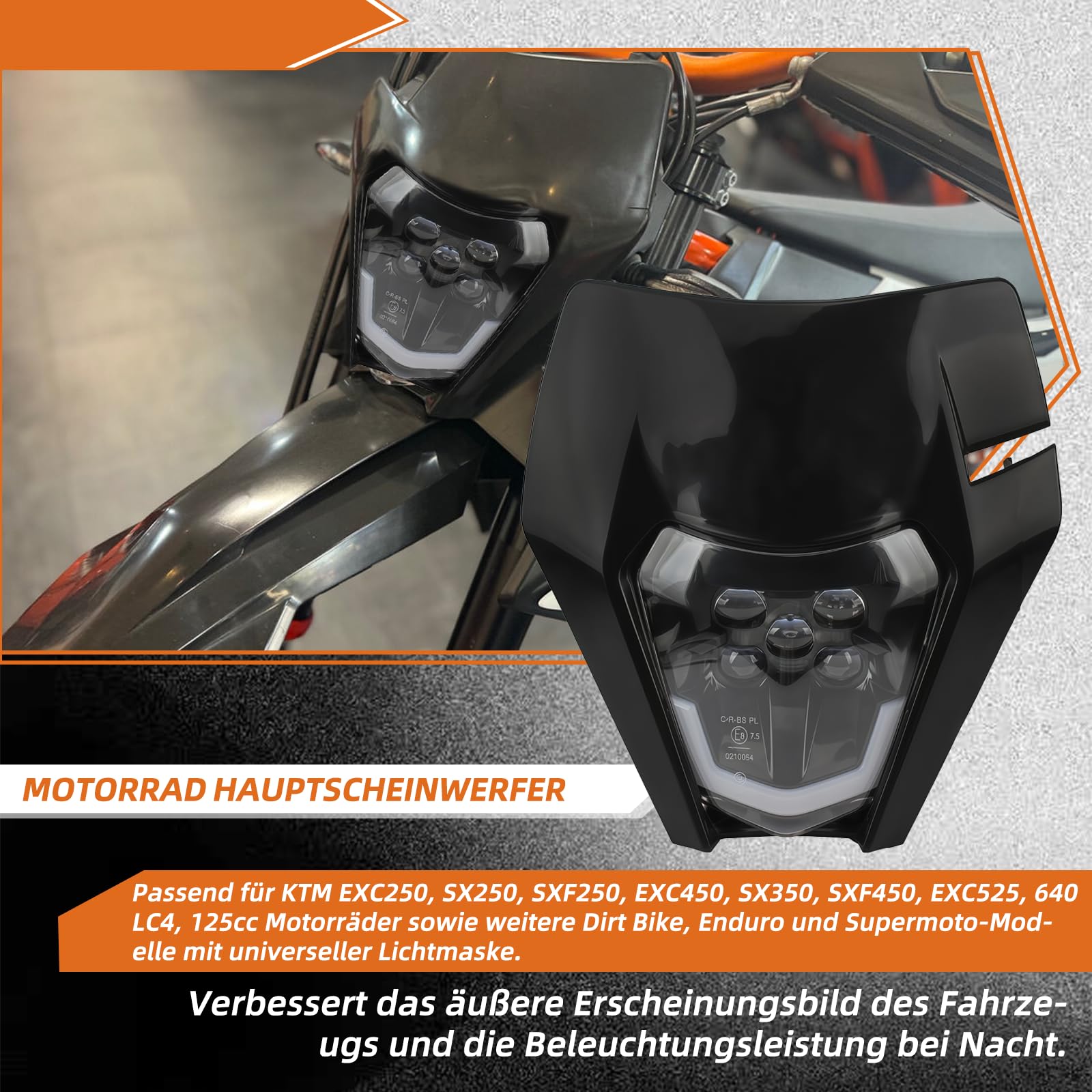 reflektor LED główny do motocykla dla KTM EXC250 SX250 SXF250 EXC450 SX350 SXF450 EXC525 640LC4 125cc Enduro Supermoto Offroad Dirt Bike (Czarny)