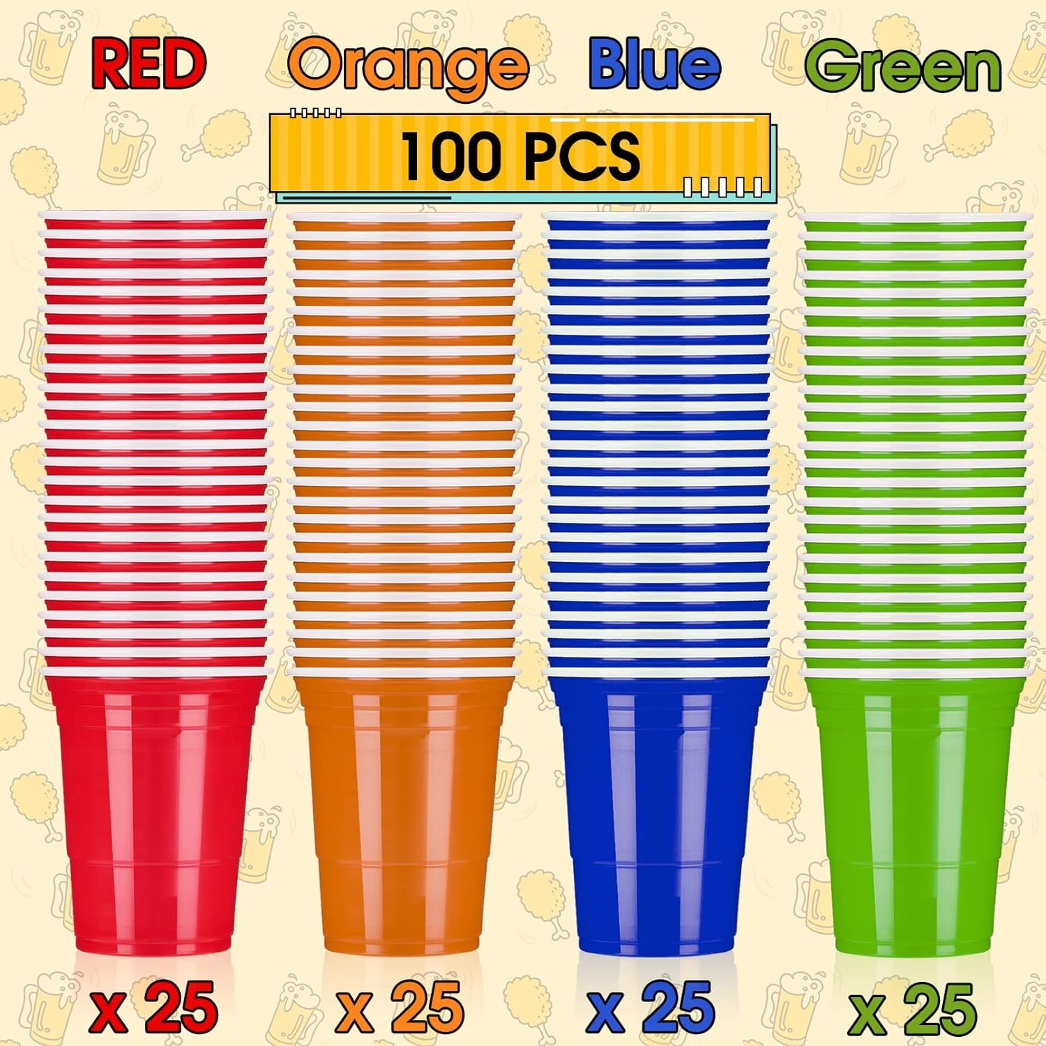 thumbnail: LATERN 100 Stuks Herbruikbare Plastic Bekers (360 Ml) – Bierpong Set Met 4 Kleuren En 10 Pingpongballen