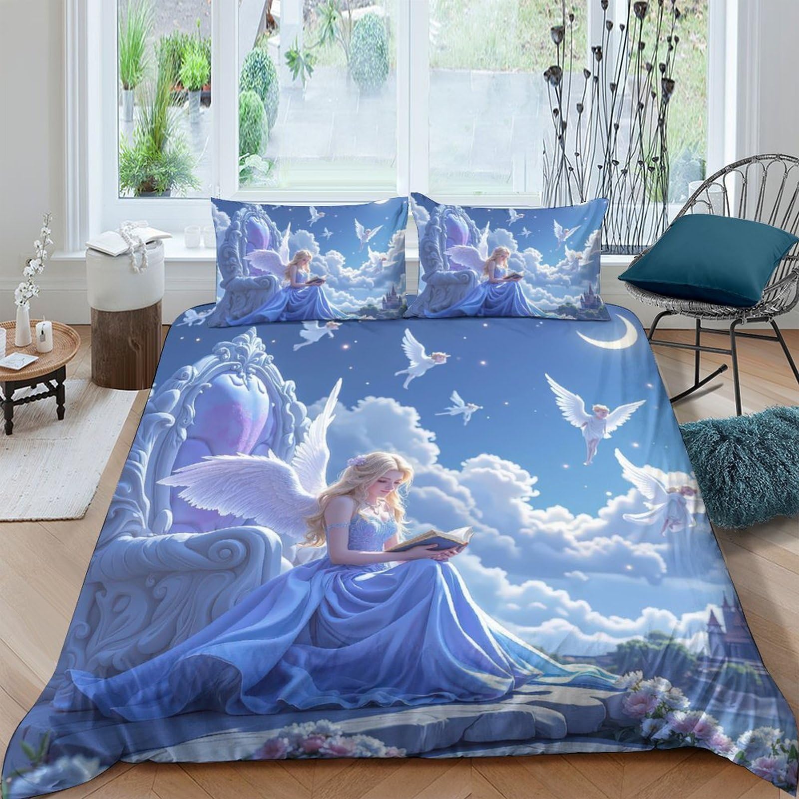 GPLZQXKJNH 3D Printed Angel Fantasy Sky Duvet Cover Set Microfiber Soft Blue Bedding with 2 Pillowcases for Bedroom Decor Single（135x200cm）