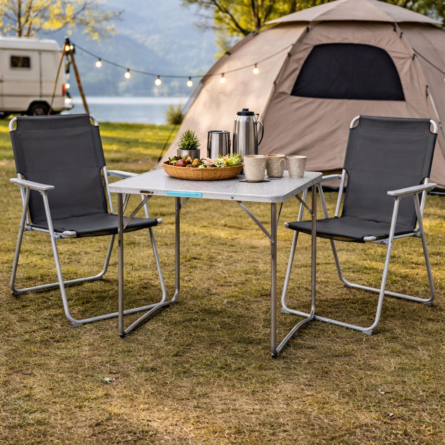 Mojawo 3tlg. Campingmöbel Set Alu Camping L80xB60xH68cm 1x Campingtisch mit Tragegriff + 2 Campingstühle Anthrazit