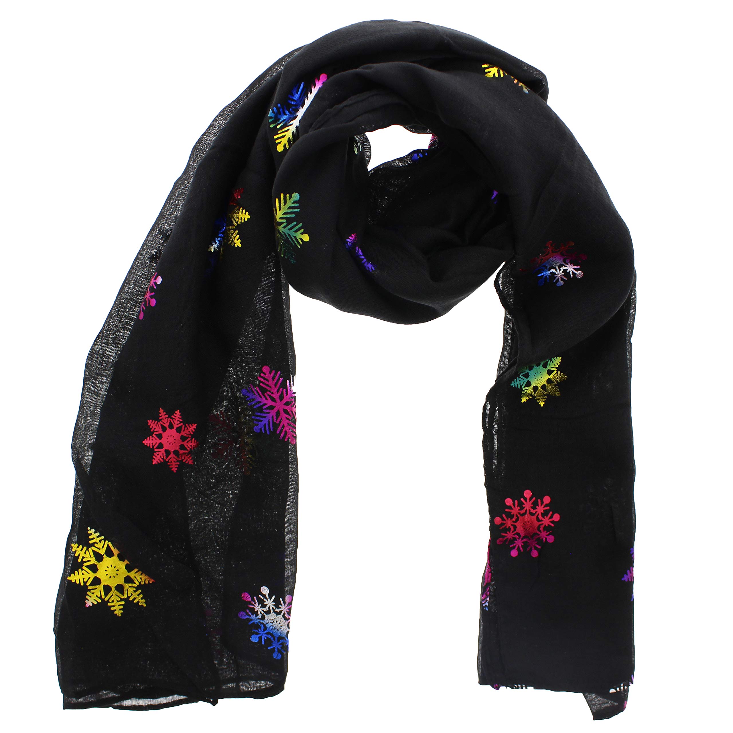 Zac's Alter Ego Women's Black Christmas Scarf With Rainbow Foil Metallic Glitter Snowflake Print
