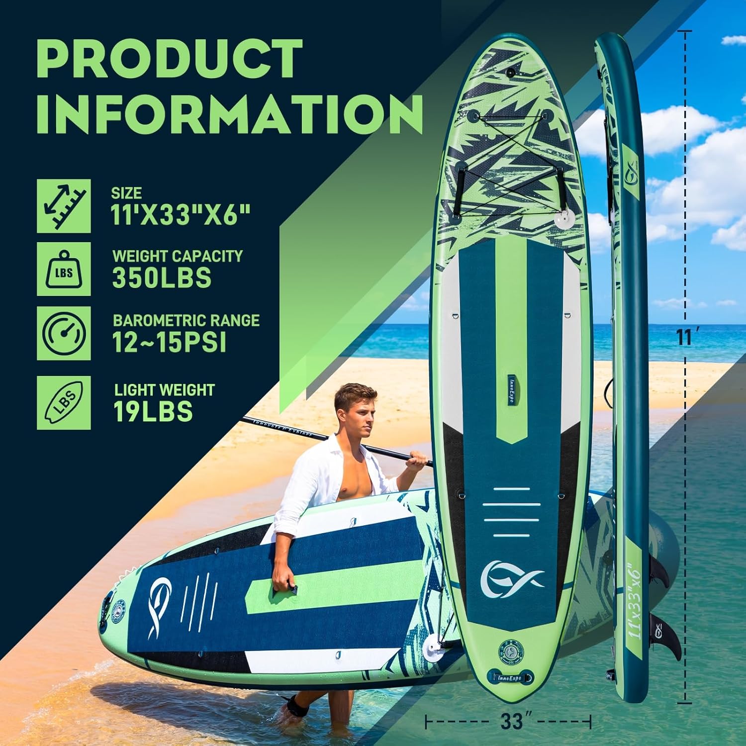 InnoExpo 11' Inflatable Stand Up Paddle Boards with Premium Accessories, Wide Stable SUP Paddle Board Design, Non-Slip Comfort Deck for Youth & Adults - Image 2