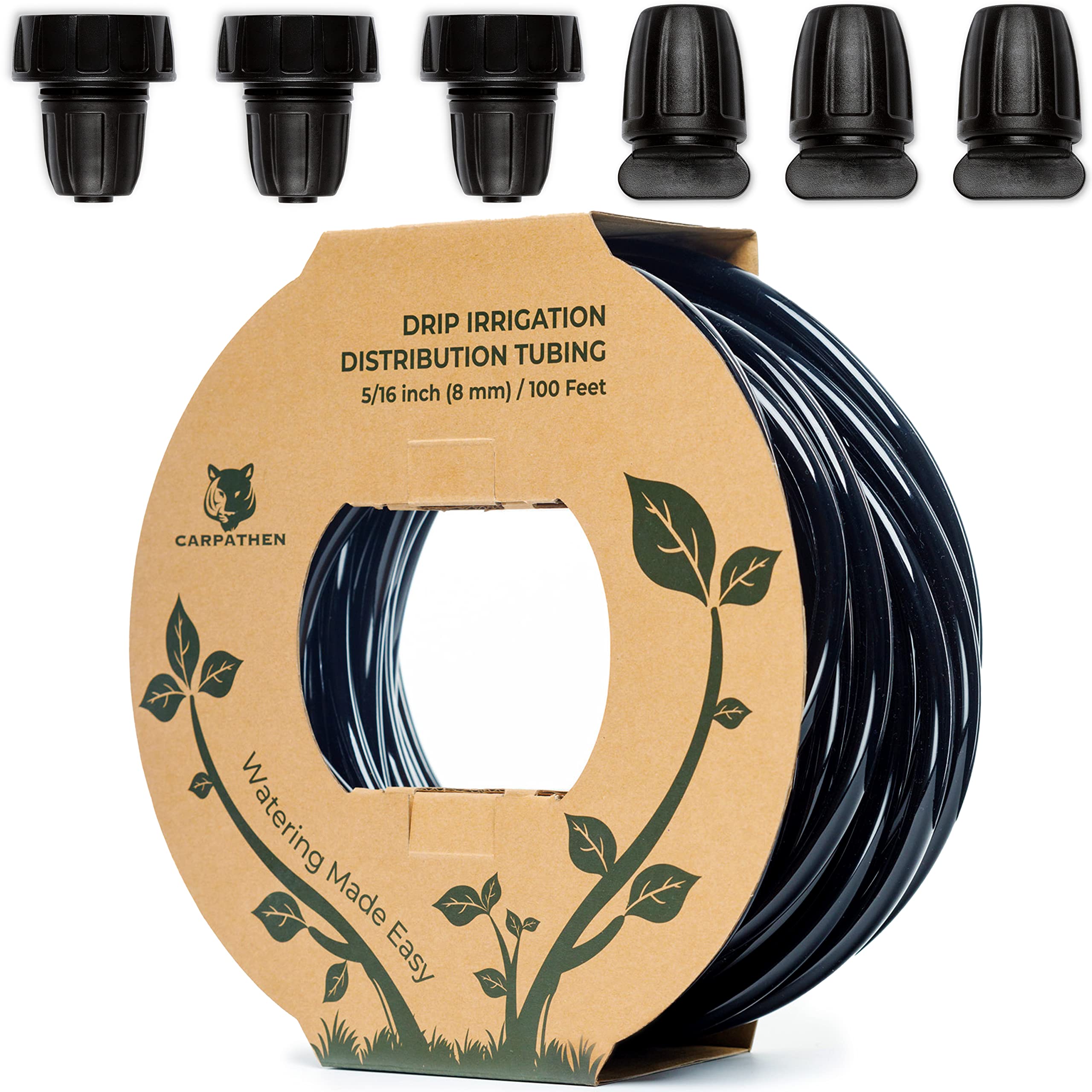 CARPATHEN 5/16 Irrigation Tubing and 5/16 Drip Irrigation Parts - 100 Ft Mainline (.40" OD x .32" ID) + 6 Connectors - 3 x 3/4 to 5/16 Adapters + 3 x 5/16 End Plugs