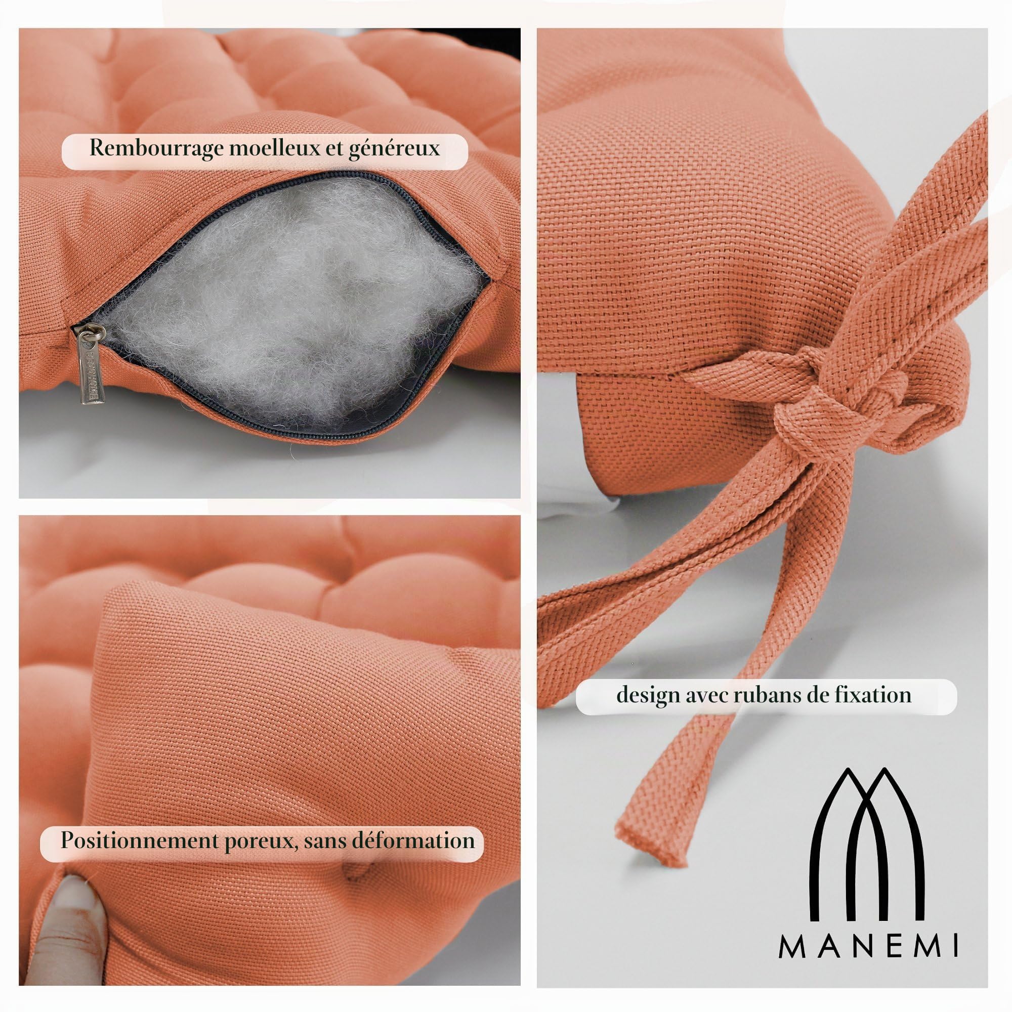 MANEMI Lot de 6 coussins pour chaise 45 x 45 x 5 cm | Imperméable et facile à nettoyer | avec sangles de fixation pour utilisation intérieure et extérieure | Idéal pour salle à manger, terrasse