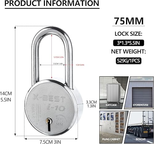 Miniatura 2 de Candado de 2.953 in con llaves, grillete largo para uso en exteriores e interiores, valla, puerta, caja de herramientas, paquete de 1 cadena
