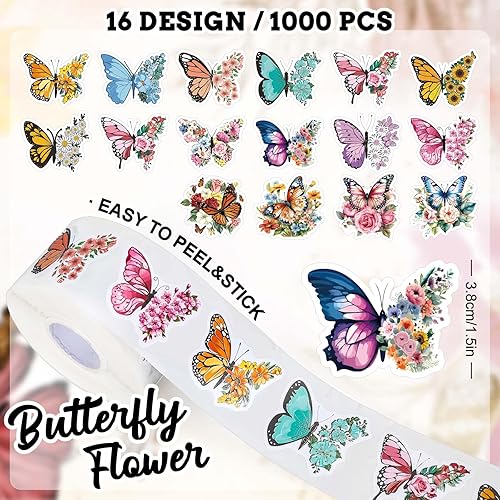 Miniatura 2 de Whaline 1000 calcomanías de flores de mariposa, rollo floral de primavera, 16 diseños, acuarela, autoadhesivas, calcomanías decorativas para sobres,