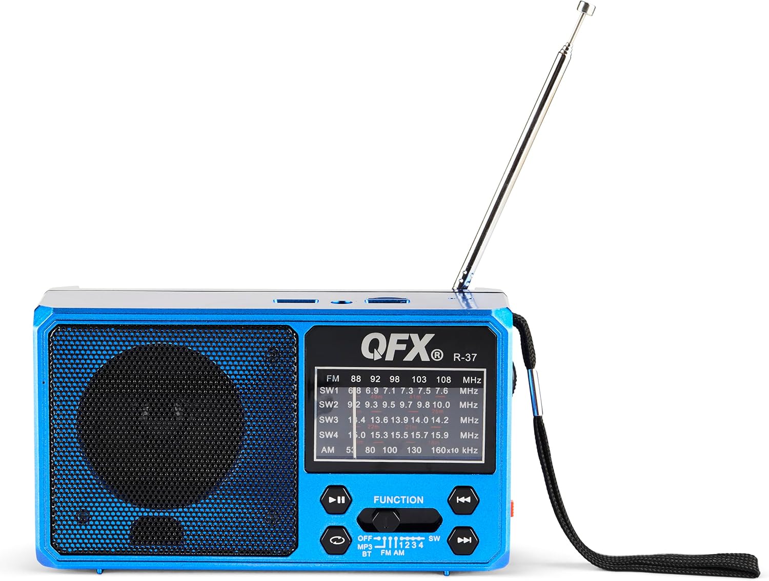 Šoninė view of the QFX R-37-BL radio with the solar panel extended and facing upwards.