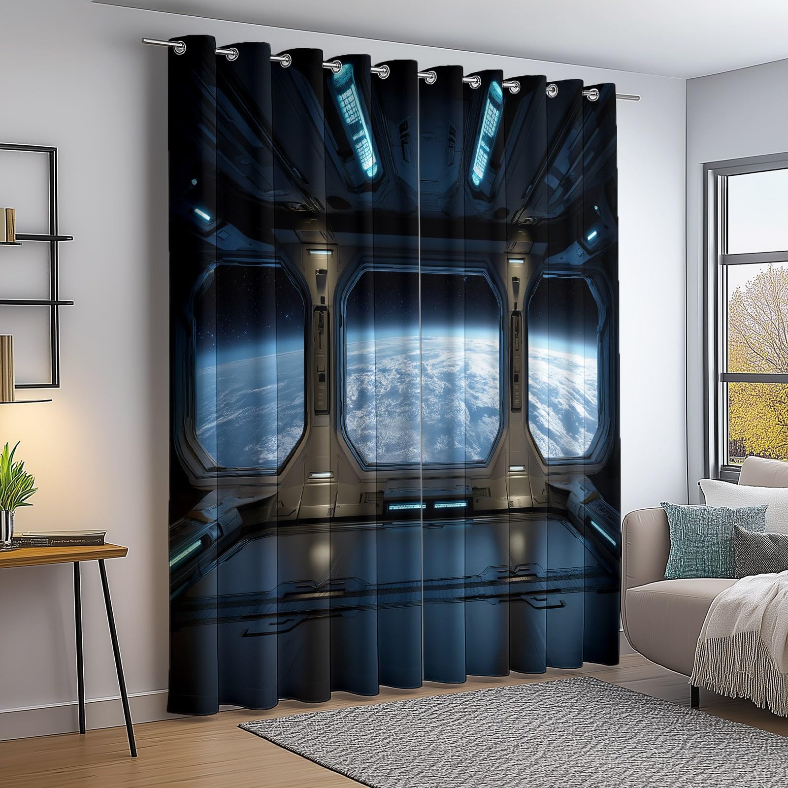 100% Rideau Occultant Bleu Rideaux Occultant Thermiques à Oeillets, Rideau Opaque imprimés Moderne Espace Vaisseau Spatial Decoration pour Chambre Salon, 140L X 200H cm (2 Panneaux)