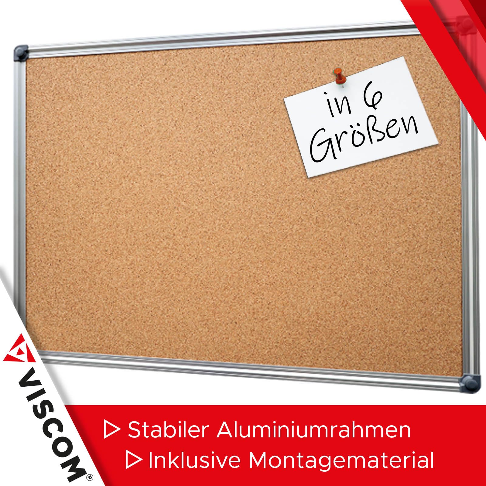 VISCOM Pinnwand CORKY - Korktafel mit Aluminium-Rahmen - 75x110cm | Memoboard für Notizen inklusive Ablage & Wandbefestigung - selbstheilender Naturkork - Board für Büro, Zuhause & Schule