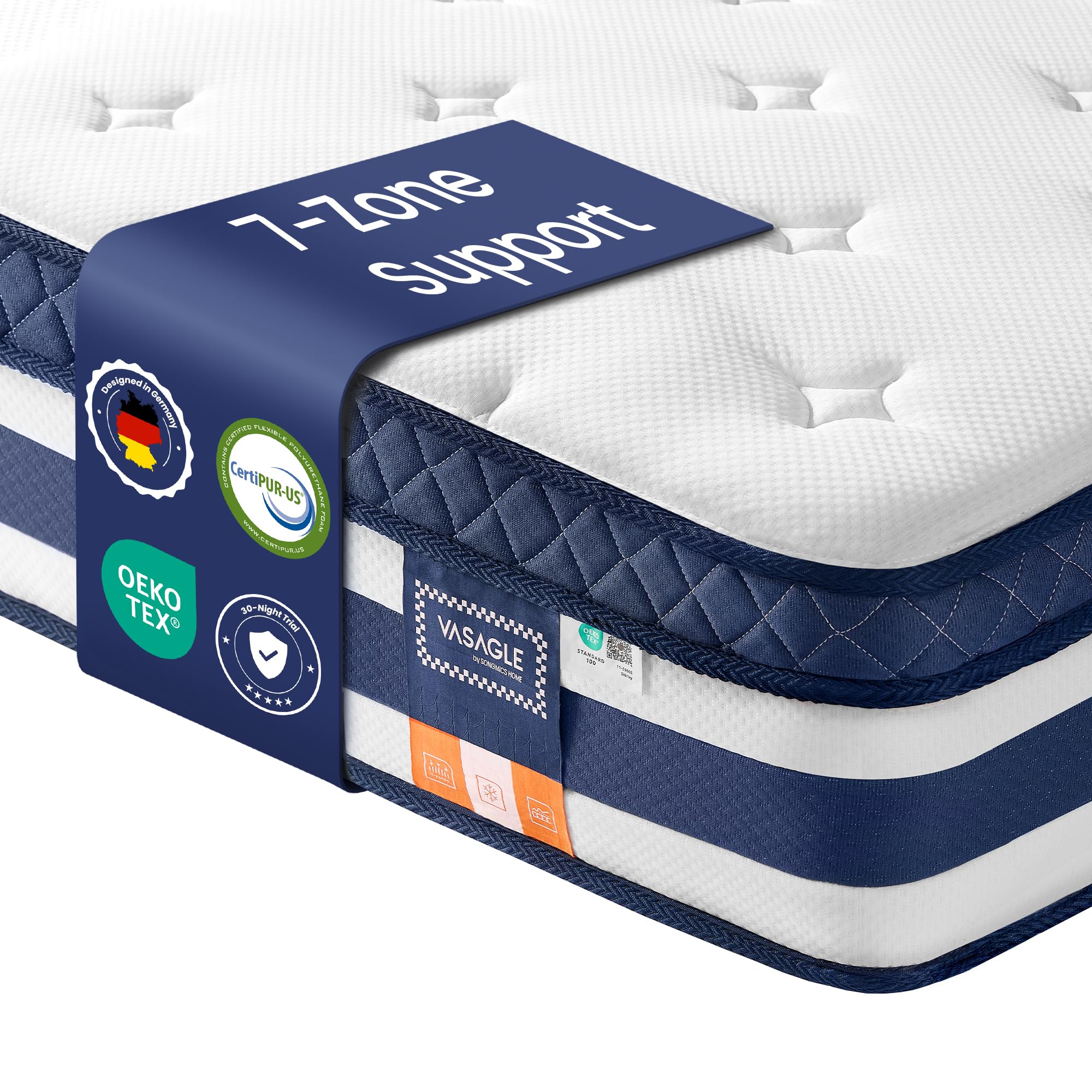 VASAGLE Pocket Sprung Mattress, Cooling Gel Memory Foam, 7-Zone Pressure Relief, H3 Medium Firm, 190 x 90 x 25 cm, Blue, Motion Isolation Bed in a Box, Mosey Collection RMZ231Q102