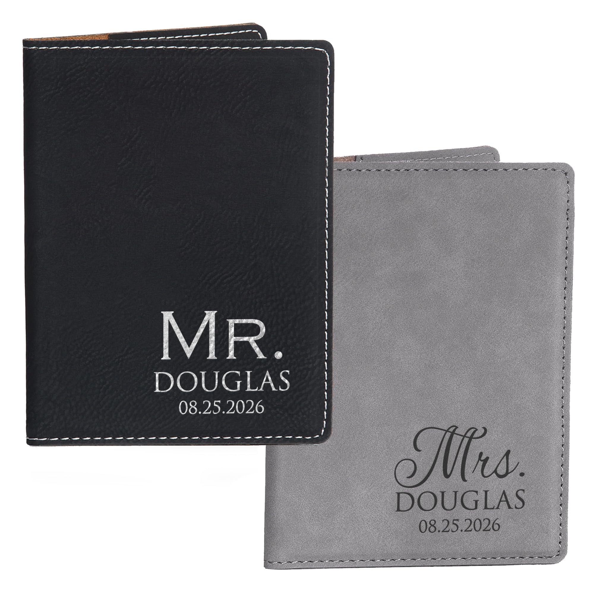 Lifetime Creations Personalized Mr. & Mrs. Passport Covers - Black & Gray, Vegan Leather, Wedding Gift, Pair of 2