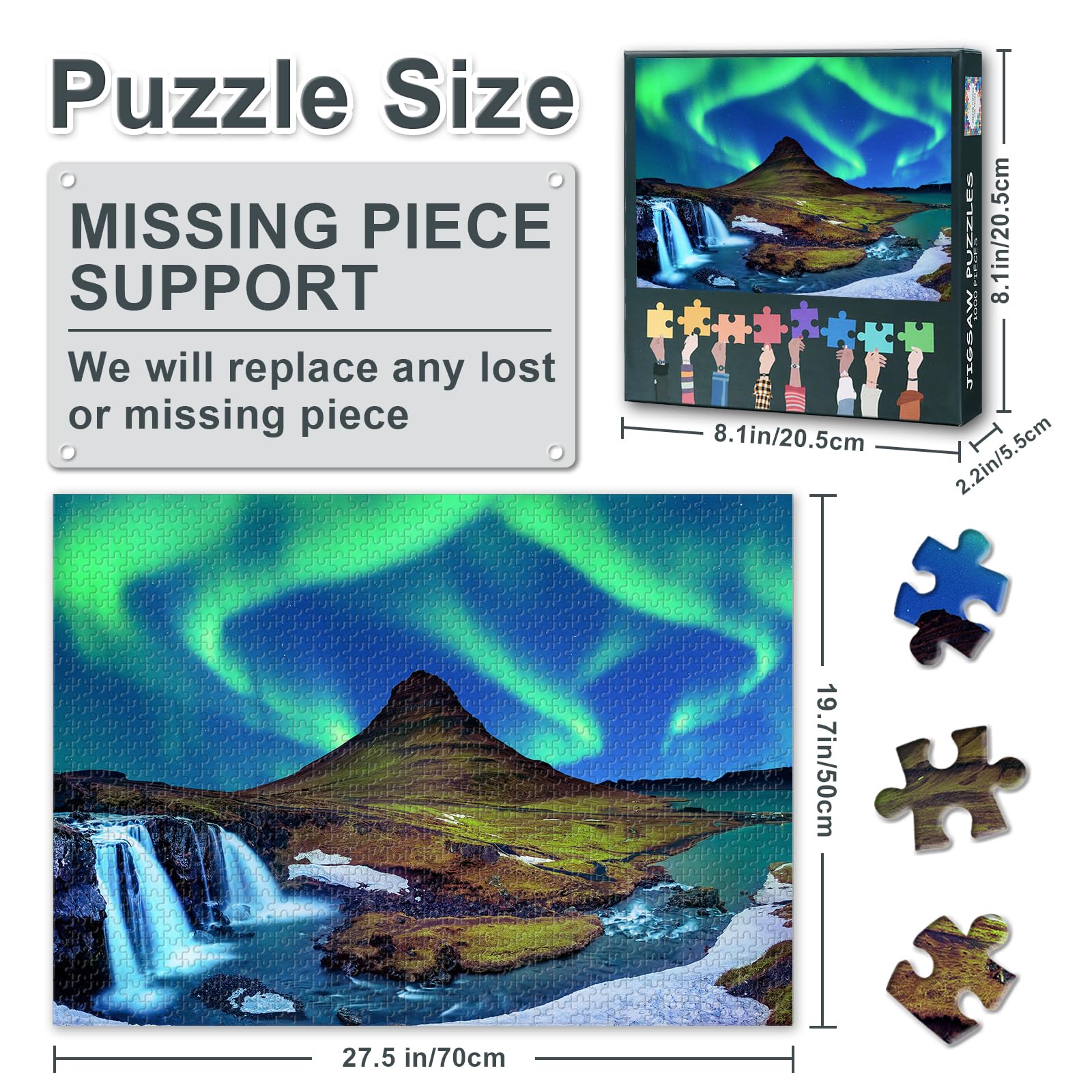 1000 Piece Puzzle for Adults, Iceland Landscape with Northern Lights Aurora Borealis over Snow-Capped Mountains - Image 2