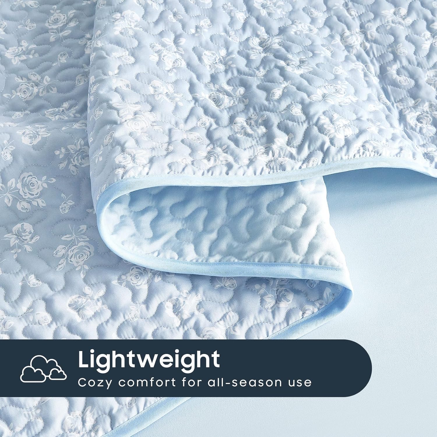 Wake In Cloud - Floral Quilt Set, Coquette Cottagecore Shabby Chic Flower Pattern for Women Teen Girls, Reversible Lightweight Bedspread Coverlet, 3 Pieces, Light Blue, Twin/Twin XL Size - Image 7