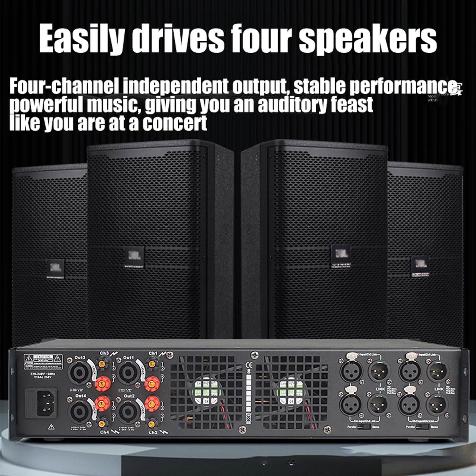Profesjonalny wzmacniacz audio 1000 W X 4, domowy wzmacniacz mocy z oświetleniem LED, 4-kanałowe niezależne wyjście, 2 wentylatory chłodzące, do domu