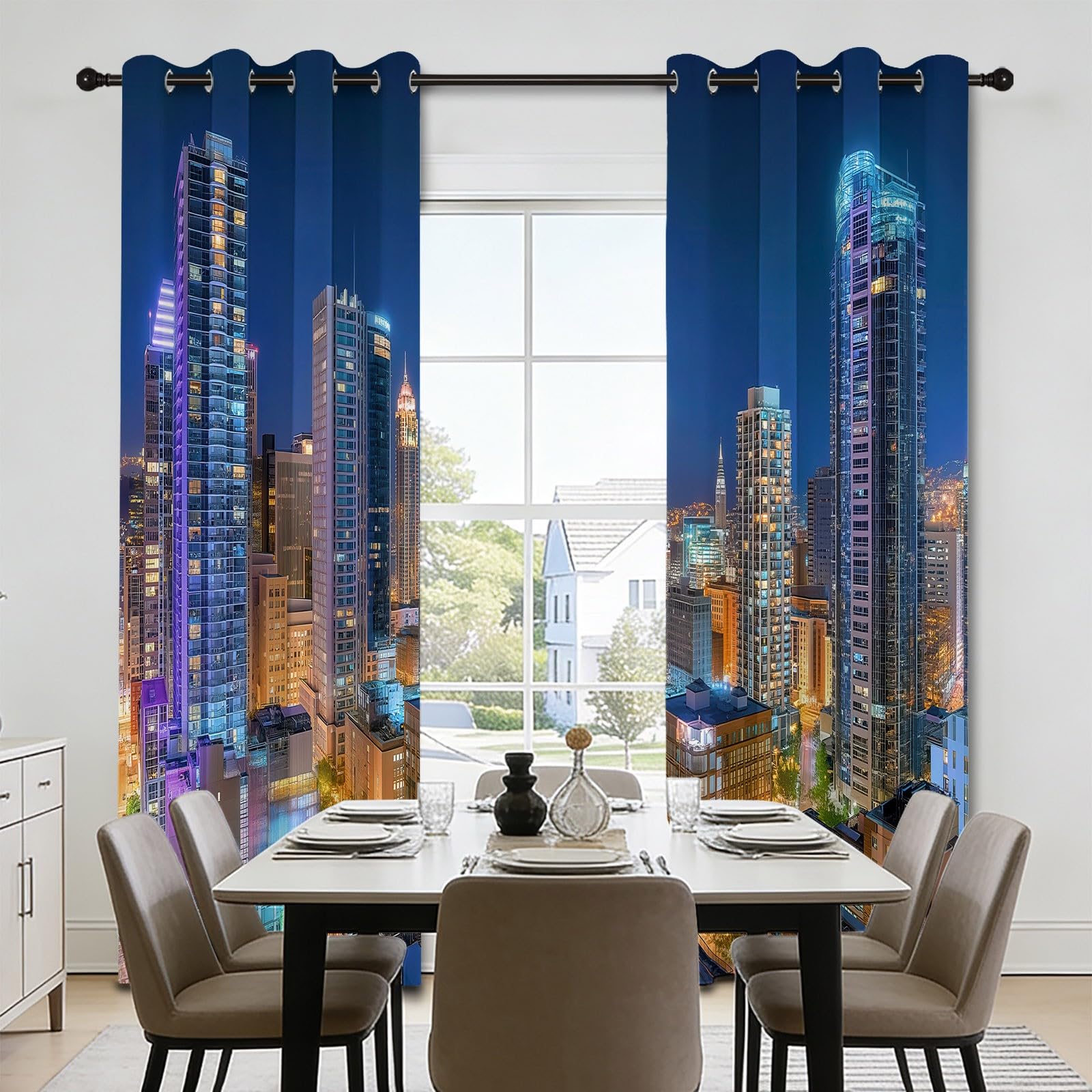 Cortinas opacas con ojales, juego de 2 unidades, 225 x 140 cm (alto x ancho), cortinas opacas para salón, oficina, sala de reuniones, vestíbulo de hotel, fotografía panorámica urbana, protección UV