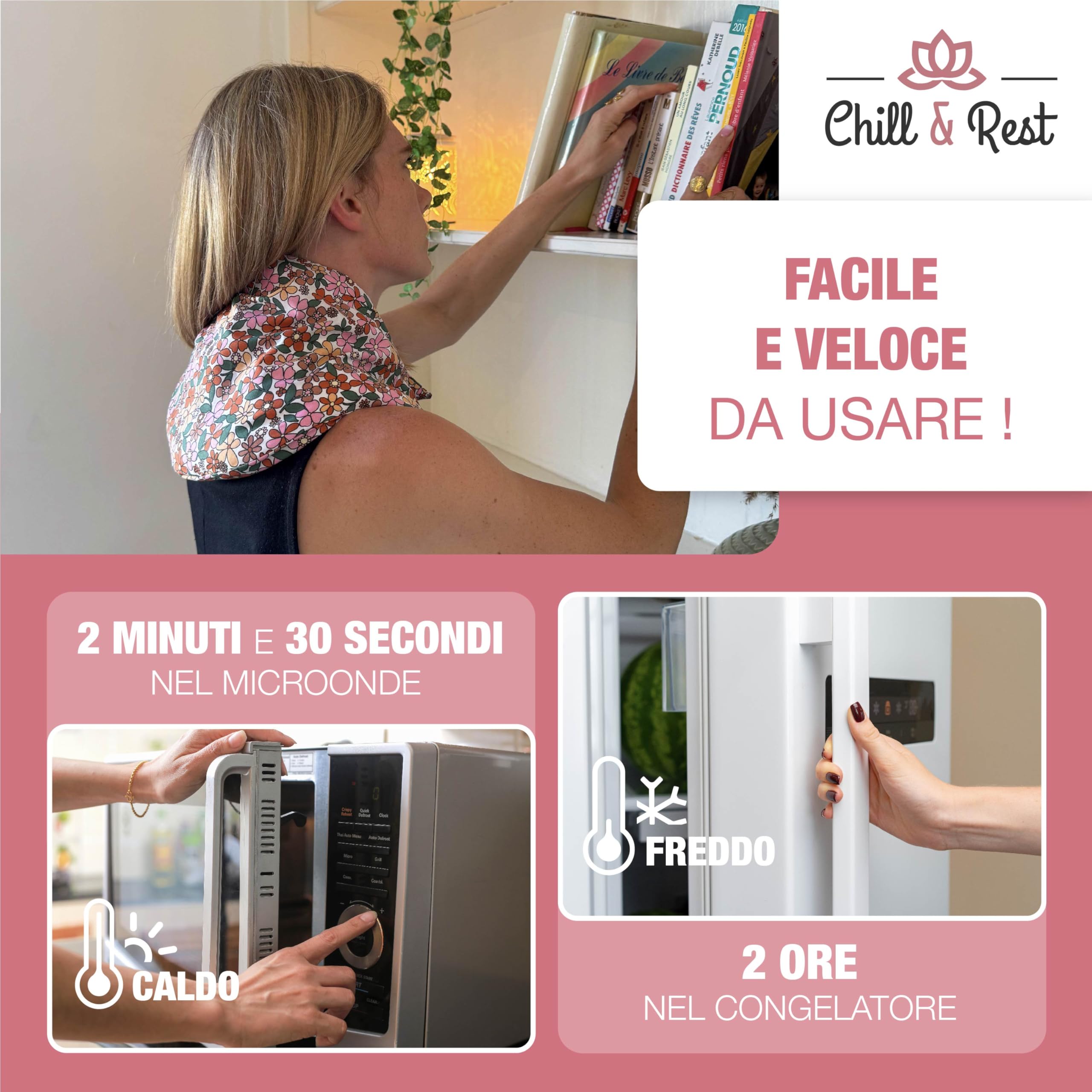 Chill&Rest - Cuscino termico microonde - semi di lino - cuscino termico cervicale - dolori mestruali - Prodotto in Francia - cuscino riscaldabile microonde - Rosa - La Florale