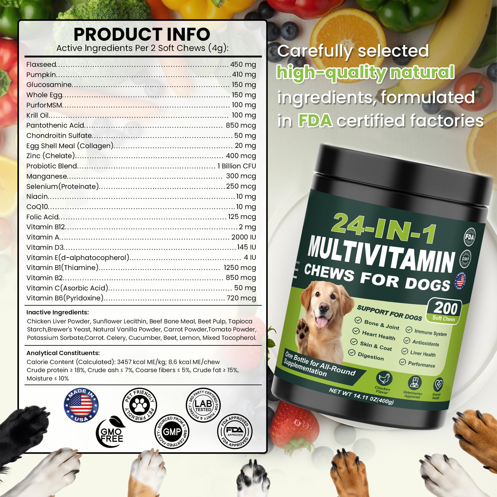 24-in-1 Dog Vitamins and Supplements 200 Ct Multivitamin for Dogs Chewable Contain Glucosamine Chondroitin Probiotics Omega-3 for Skin Coat,Hip & Joint,Heart,Liver,Brain,Eyes - Chicken Flavor - image 6