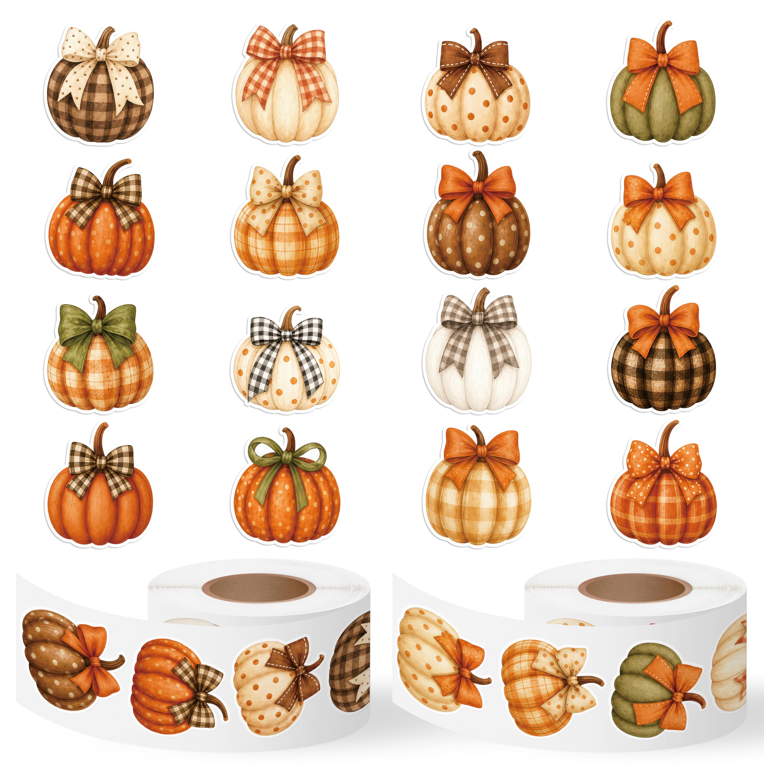 Autumn Bow Pumpkin Stickers, 1000Pcs Watercolor Polka Dot Plaid