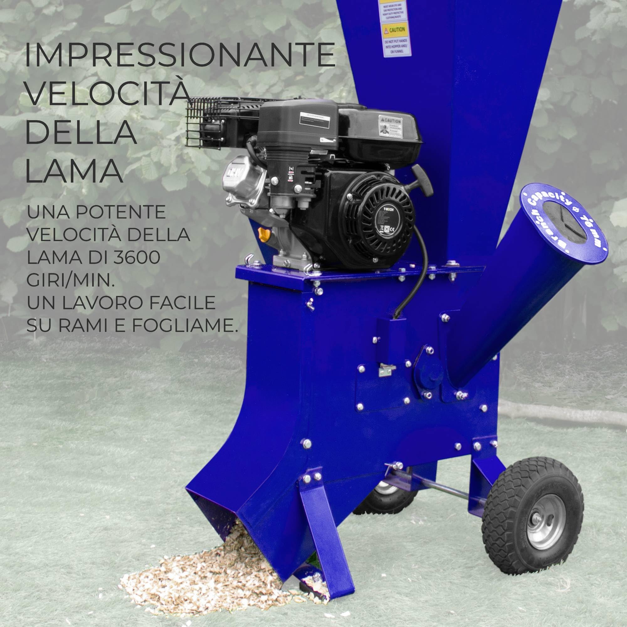 Cippatrice Professionale 7HP - Trituratore Ramaglie Potente 4 Tempi - Velocità Regolabile 3600 giri/min - Capacità di Taglio 76mm - Ruote e Maniglie per Facile Trasporto - DPI e Kit Attrezzi Inclusi