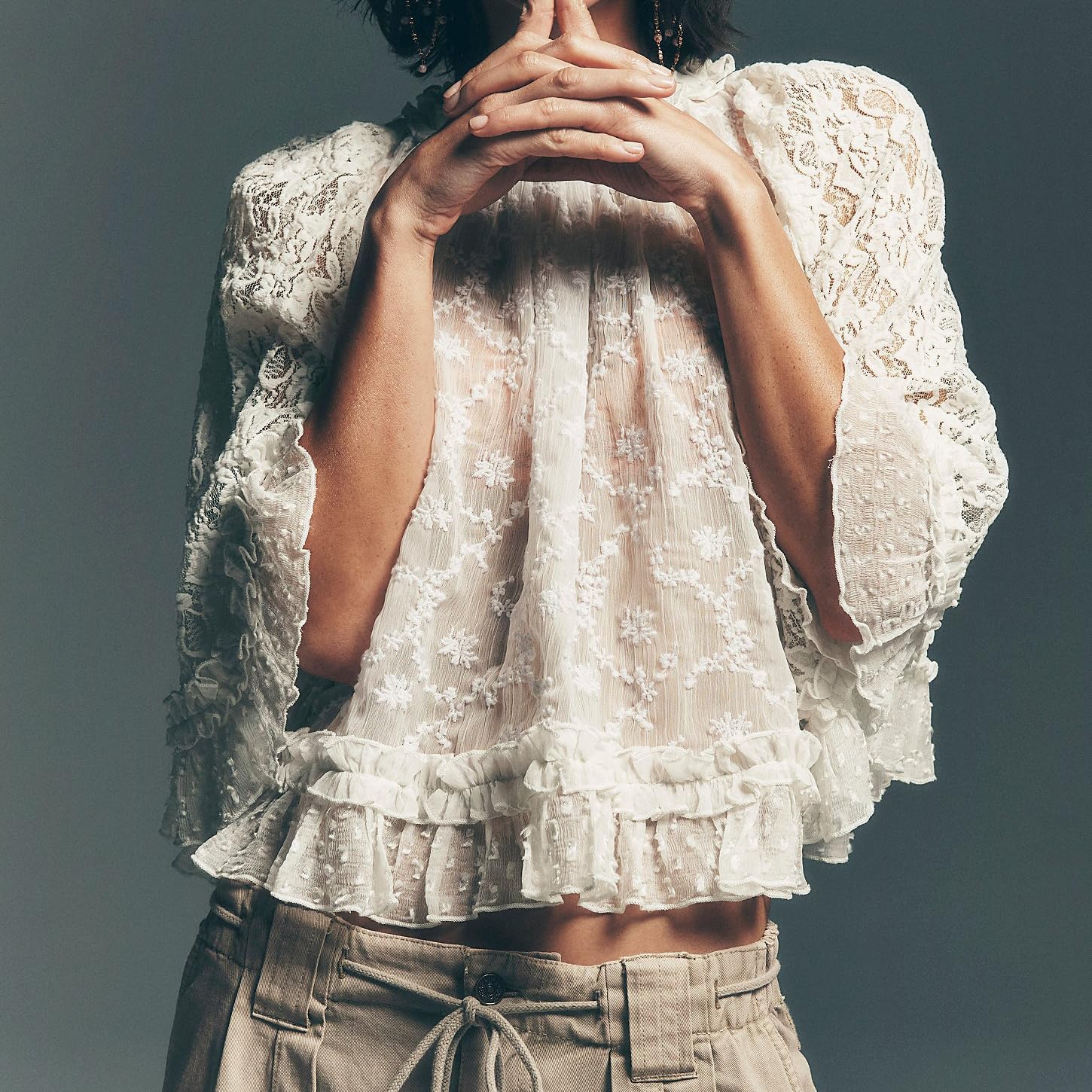 Women Mesh Lace Ruffle Top Y2k Floral Long Sleeve See Through Chiffon Blouses Sexy Sheer Flowy Going Out Streetwear - Image 2