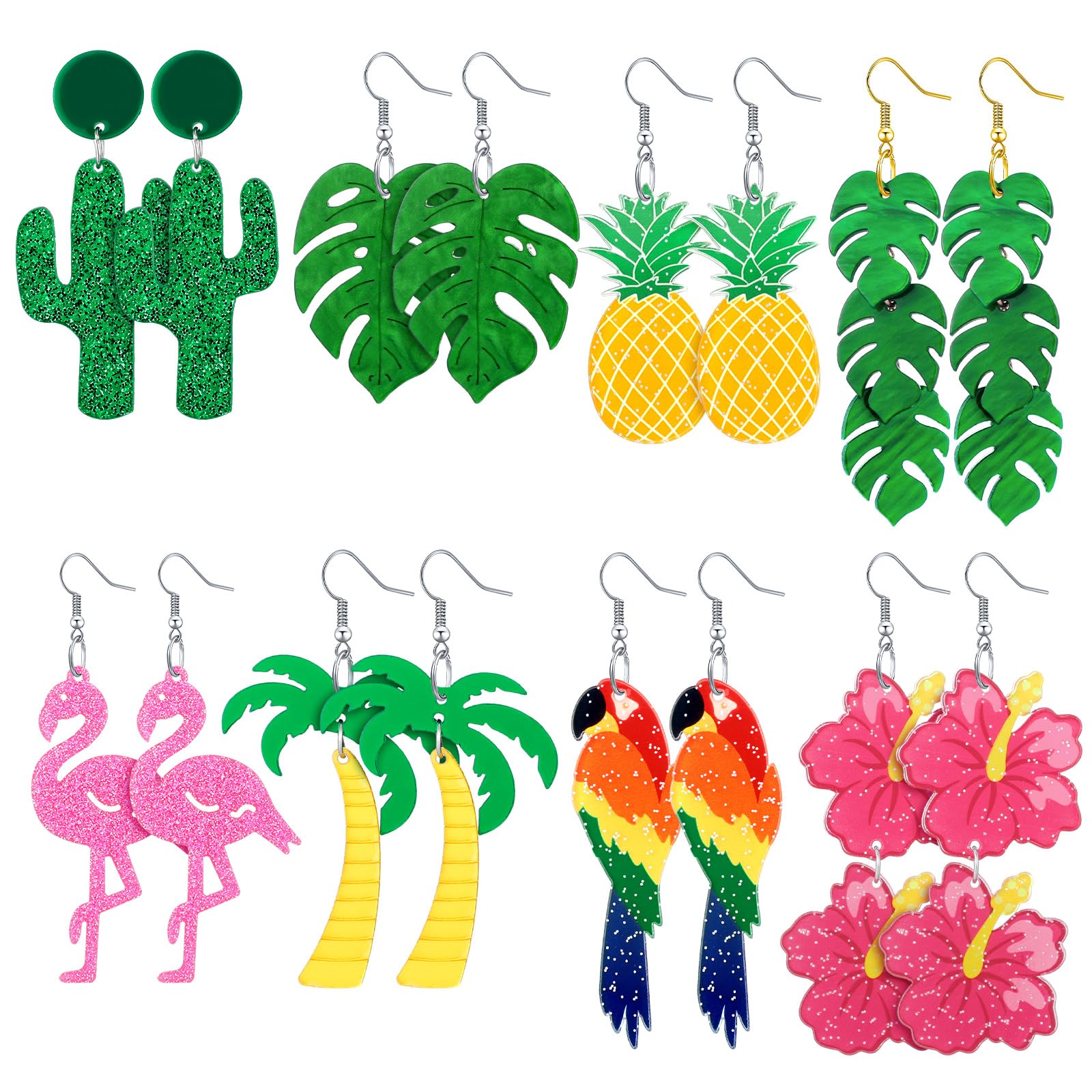 Ecation 8 Pairs Summer Earrings for Women Hawaiian Tropical Acrylic Dangle Earrings Hawaii Flower Pineapple Leaf Earring Holiday Jewelry