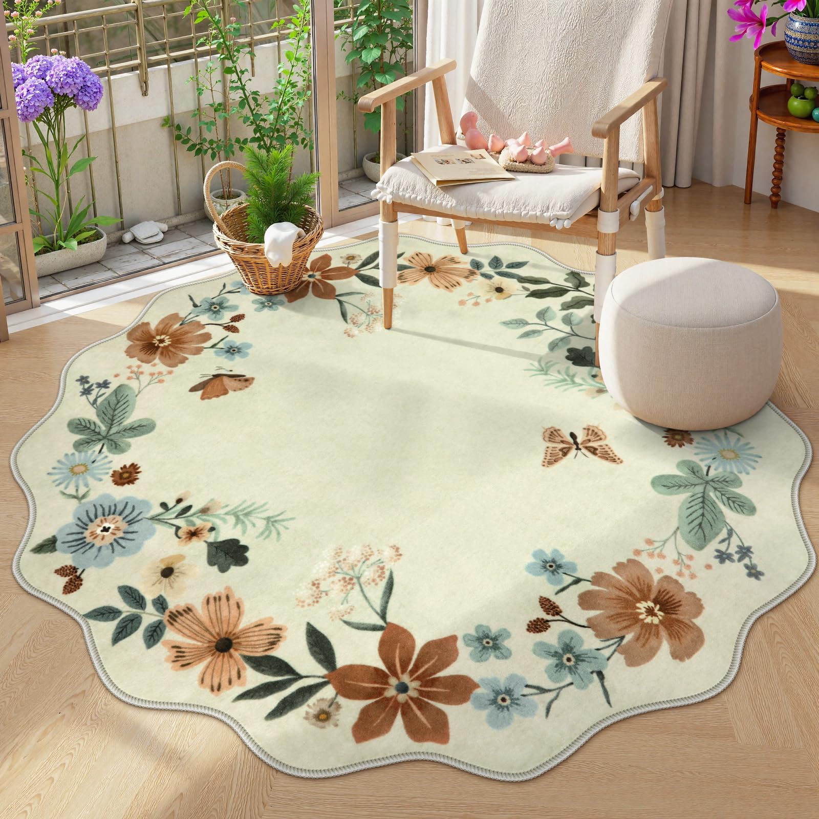 Lahome Floral Washable Round Rugs, Non-Slip Soft Round Rug 4ft Ultra-Thin, Small Boho Circle Carpet for Entryway Kitchen Bedroom Nursery Bathroom