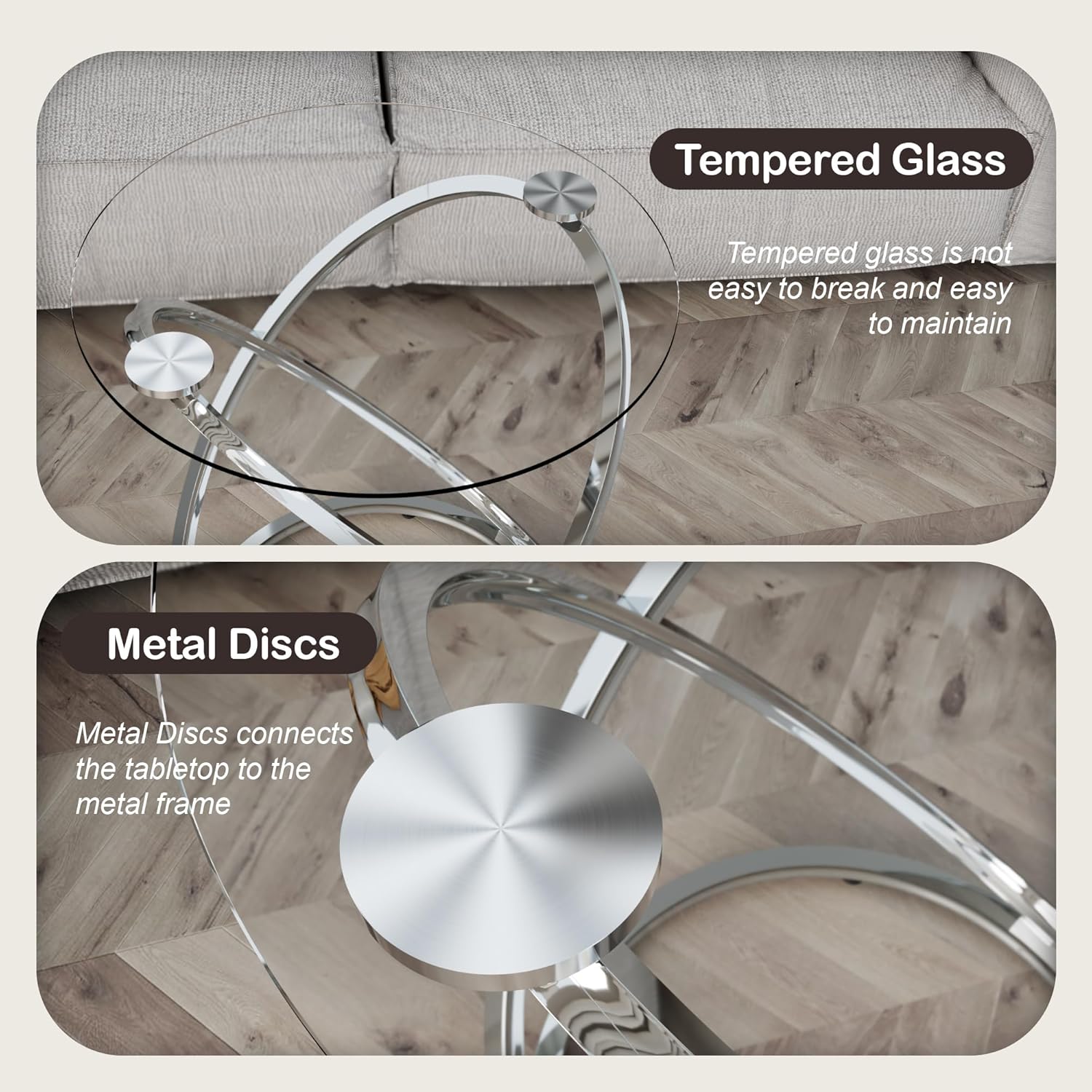 Otterease 31" Glass Coffee Table, Modern End Table with Ring Silver Metal Frame, Round Glass Coffee Table for Decoration, Small Silver Coffee Tables for Living Room, Study Room, Office