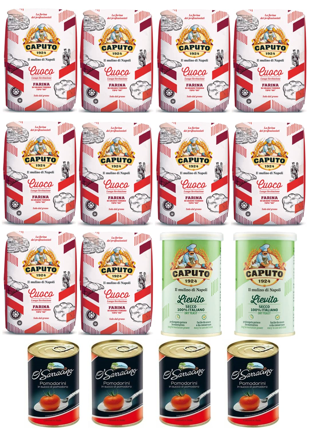 Lot de 10 x Farina Molino Caputo + 2 x levure sèche Caputo + 4 x pomodorini O'Sarracino 400 g