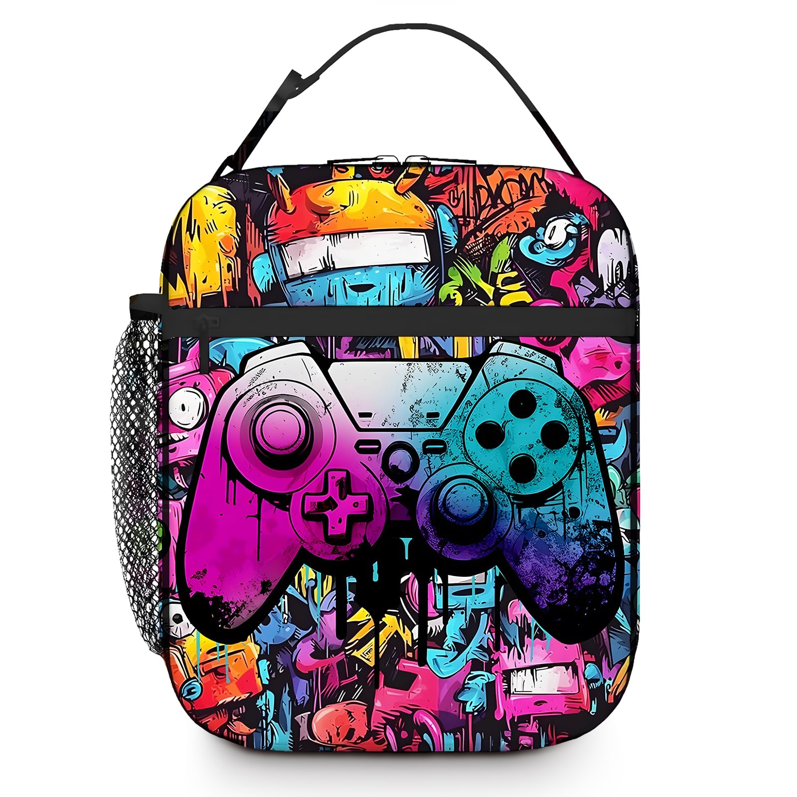 Boys Lunch Bag, Graffiti Game Controller Lunch Box for Boys, Reusable Cooler Bag Packed Lunchbox Portable Waterproof Leakproof Gaming Insulated Lunch Bag for Work School Travel Picnic Hiking Beach