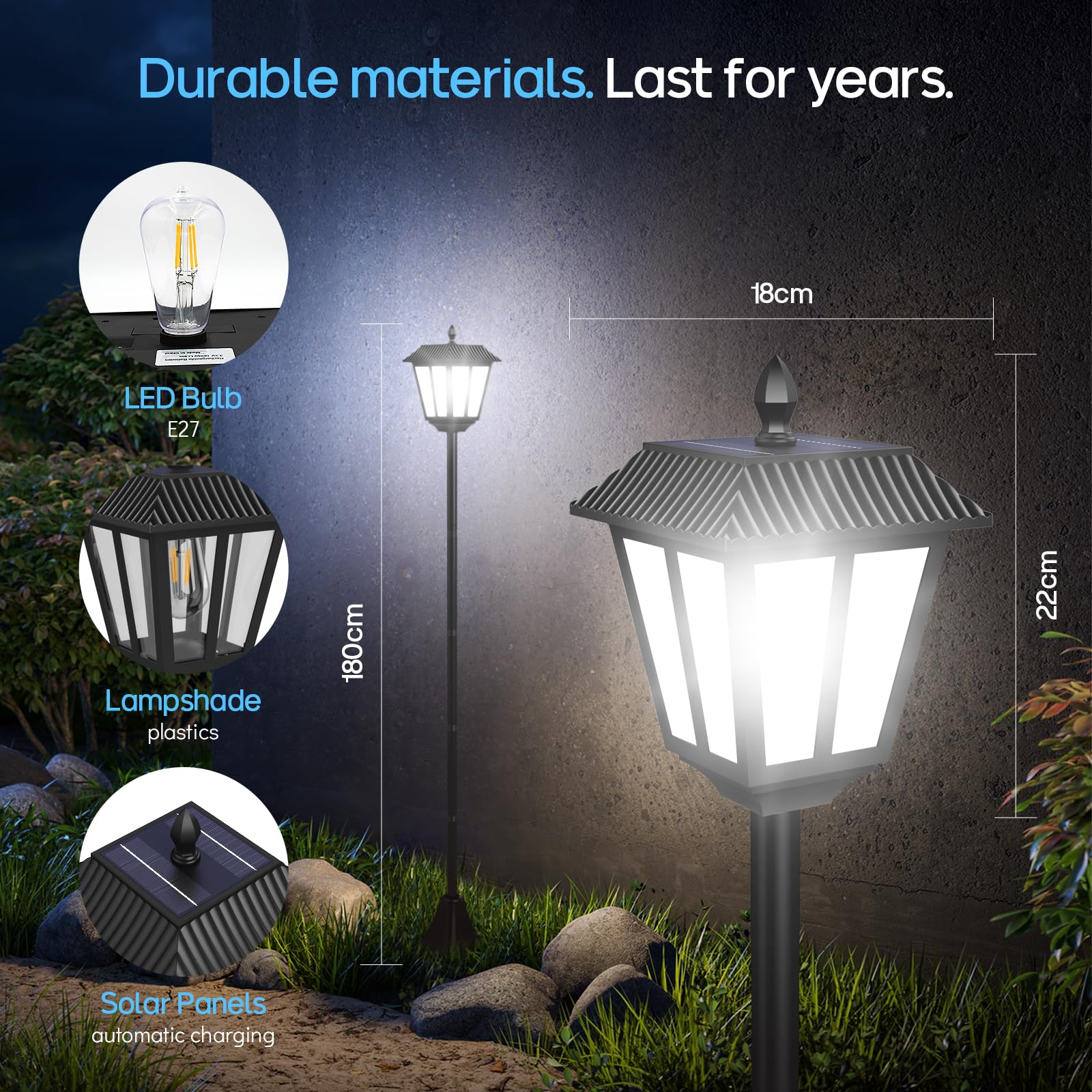 Lámpara Solar LED de Exterior 180 cm con Estaca Farol Solar de Jardín Impermeable, Lámpara Solar de Pie para Senderos Terraza Balcón Luz Blanca (1 Pieza)