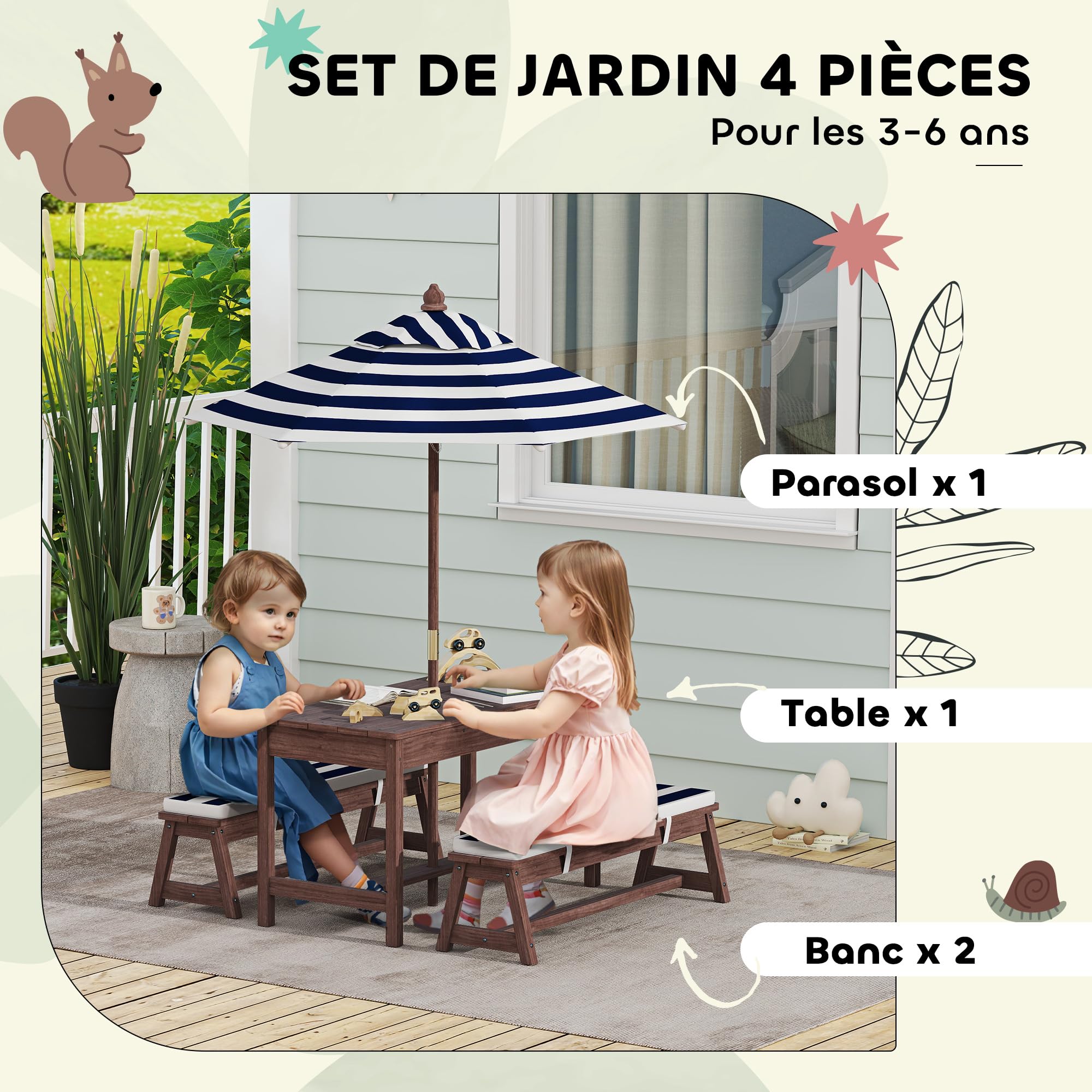 AIYAPLAY Ensemble Salon de Jardin extérieur Enfant bancs Parasol Amovible