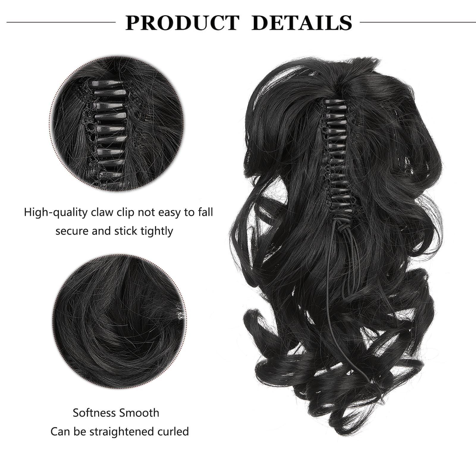 Cybelleza 14 inch Ponytail Hair Extension Curly Wavy Claw Jaw on Long Short Cute Pony Tails Clip in Hair Extensions Ponytail Hairpieces Synthetic for Women Black - Image 2