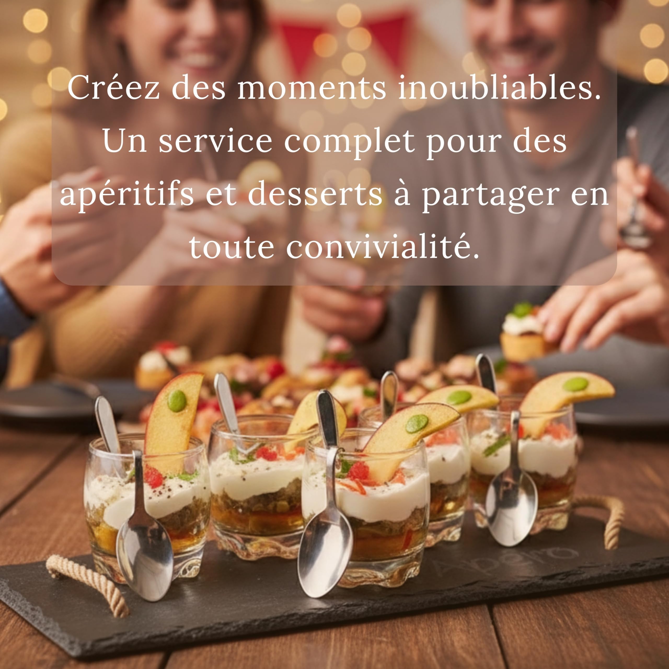 Lebrun Couverts – Apéro Service 13 Pièces - 6 Verrines en Verre Apéritifs avec 6 Cuillères Coudées – Plateau Ardoise avec Poignées Cordes Inclus – Verrines en Verre pour Les Dégustations et Desserts