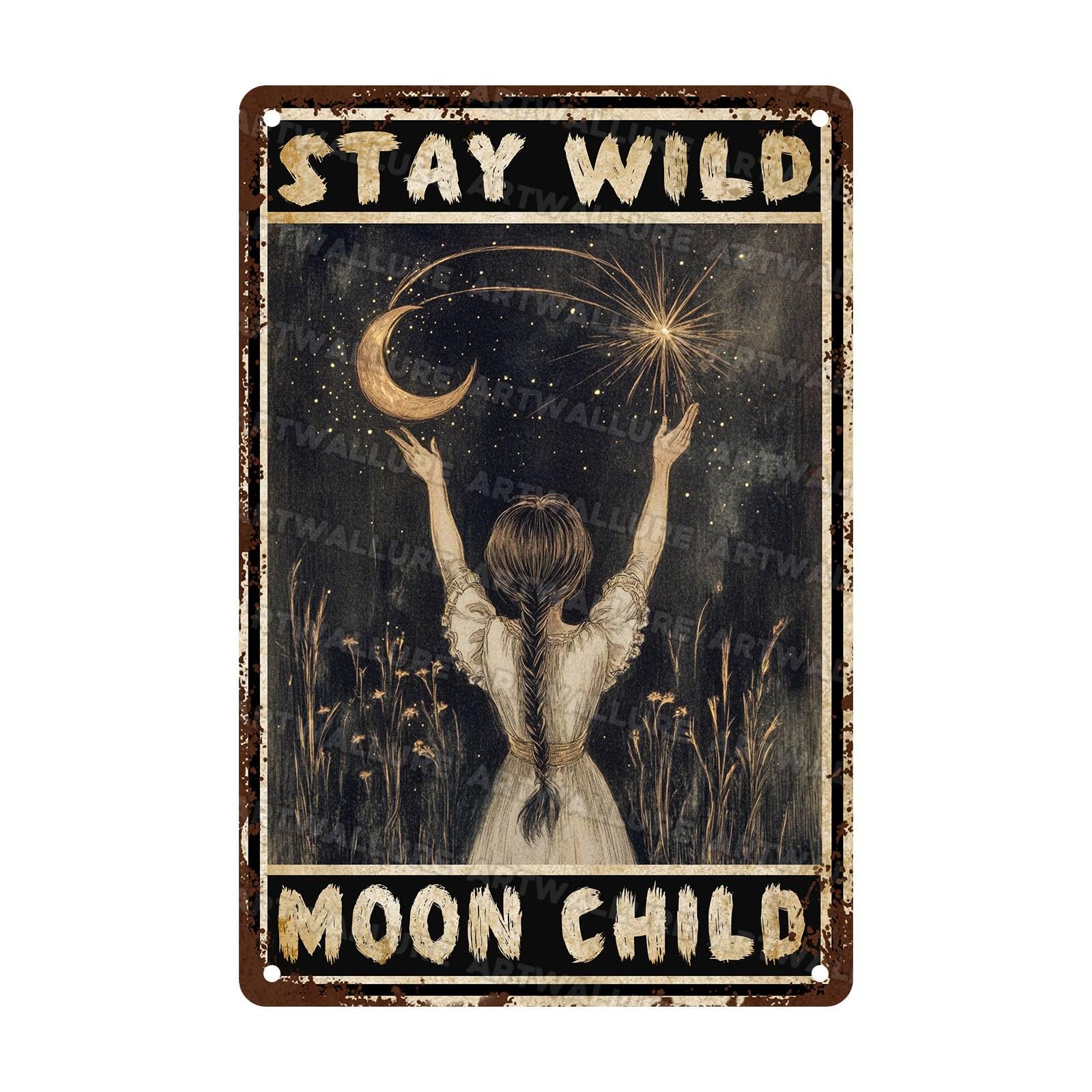 Metal Tin Sign Moon Girl Stay Wild Moon Child Sign Retro Mushroom Wall Decor for Bathroom Living Room Coffee Bar Wall Decor 8x12Inch