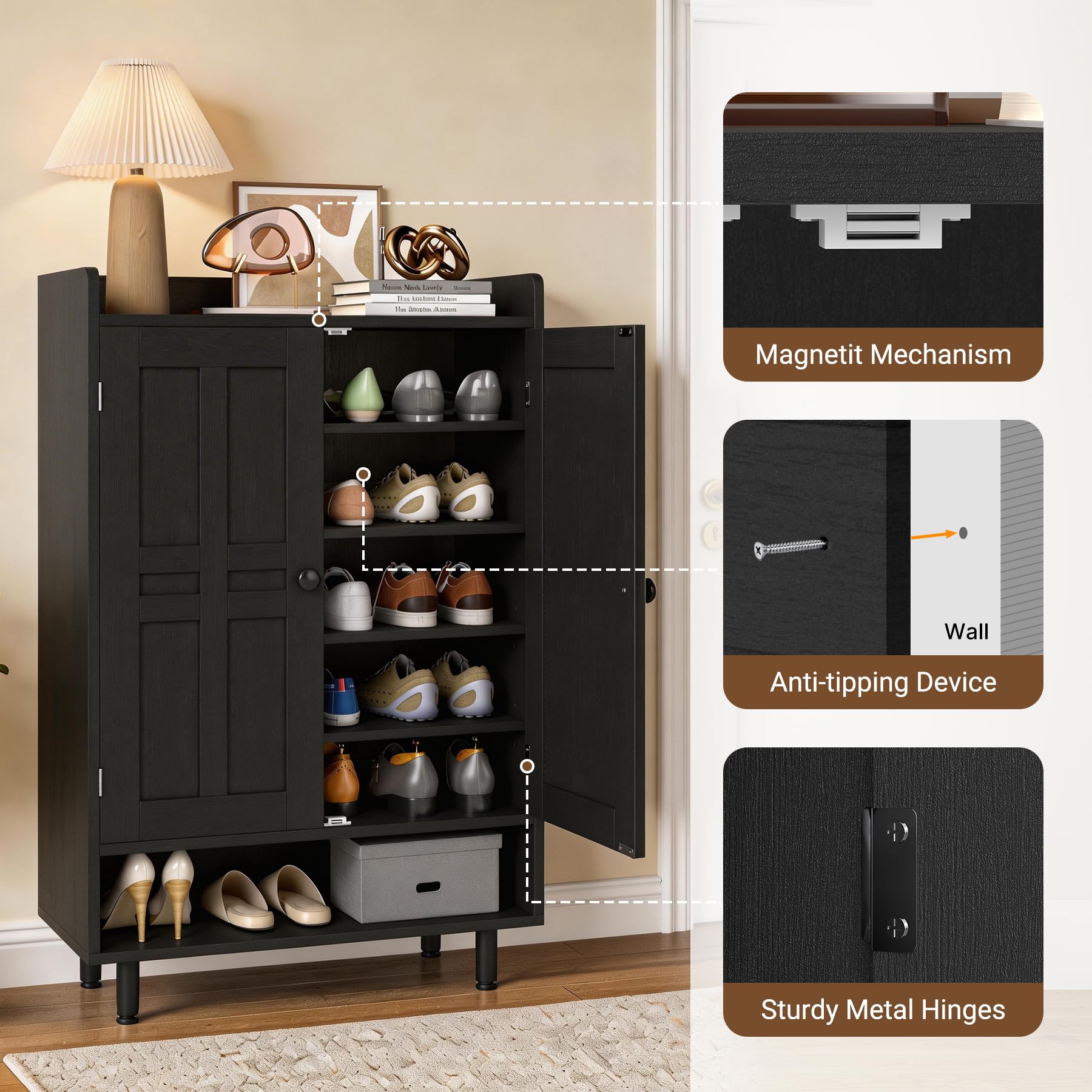Hawthyhome Schwarzer Schuhschrank aus Holz mit Türen, Shoe Cabinet für mehrere Familienmitglieder, 7+1 Ebenen Flurschrank mit großem Fassungsvermögen, Schuhkommode für Wohnzimmer, 75 × 35 × 115 cm