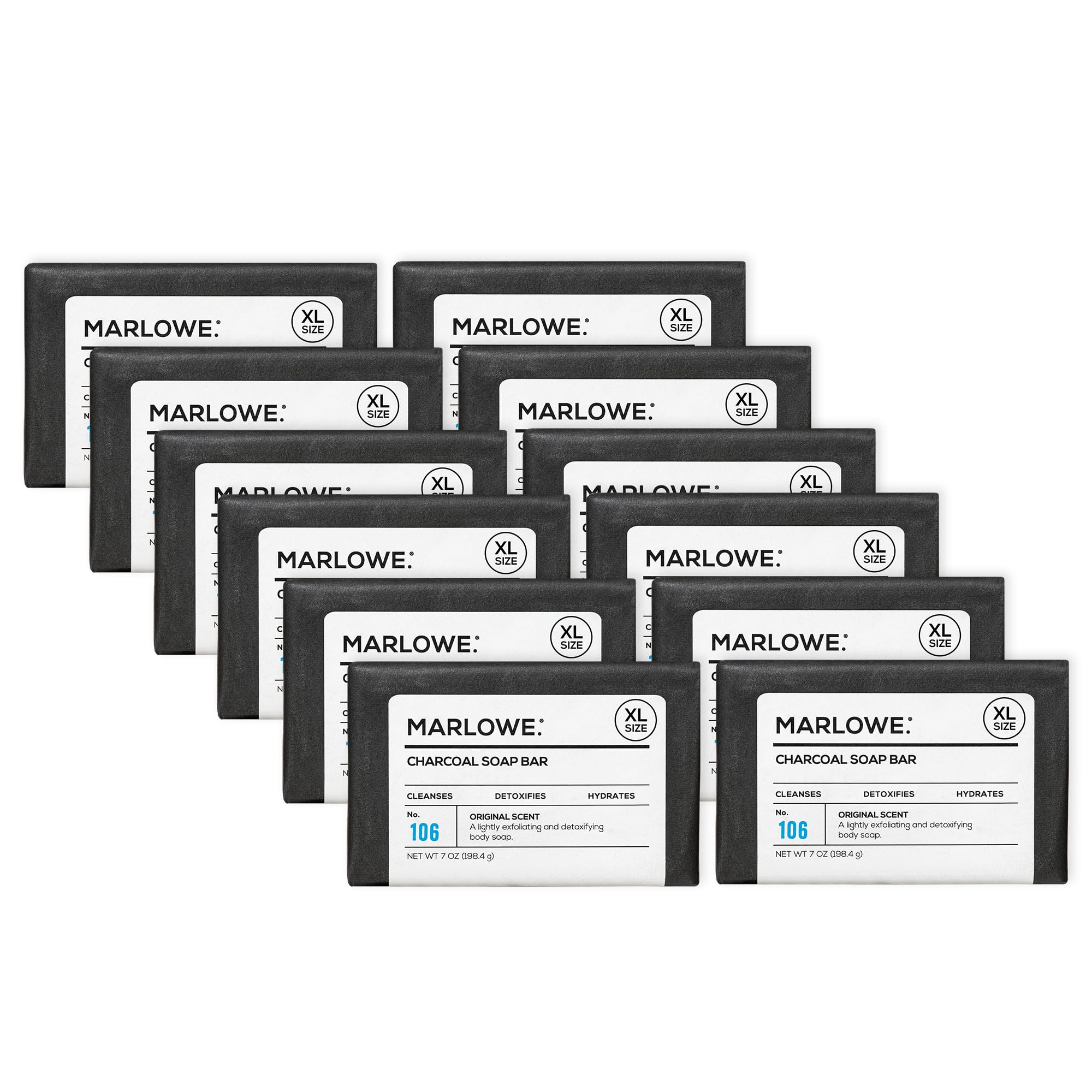 MARLOWE. No. 106 Charcoal Soap 7 oz (12 Bars) Body Bar Soap for Men, Cleansing, Purifying & Hydrating with Natural Extracts, Shea Butter, Olive Oil &