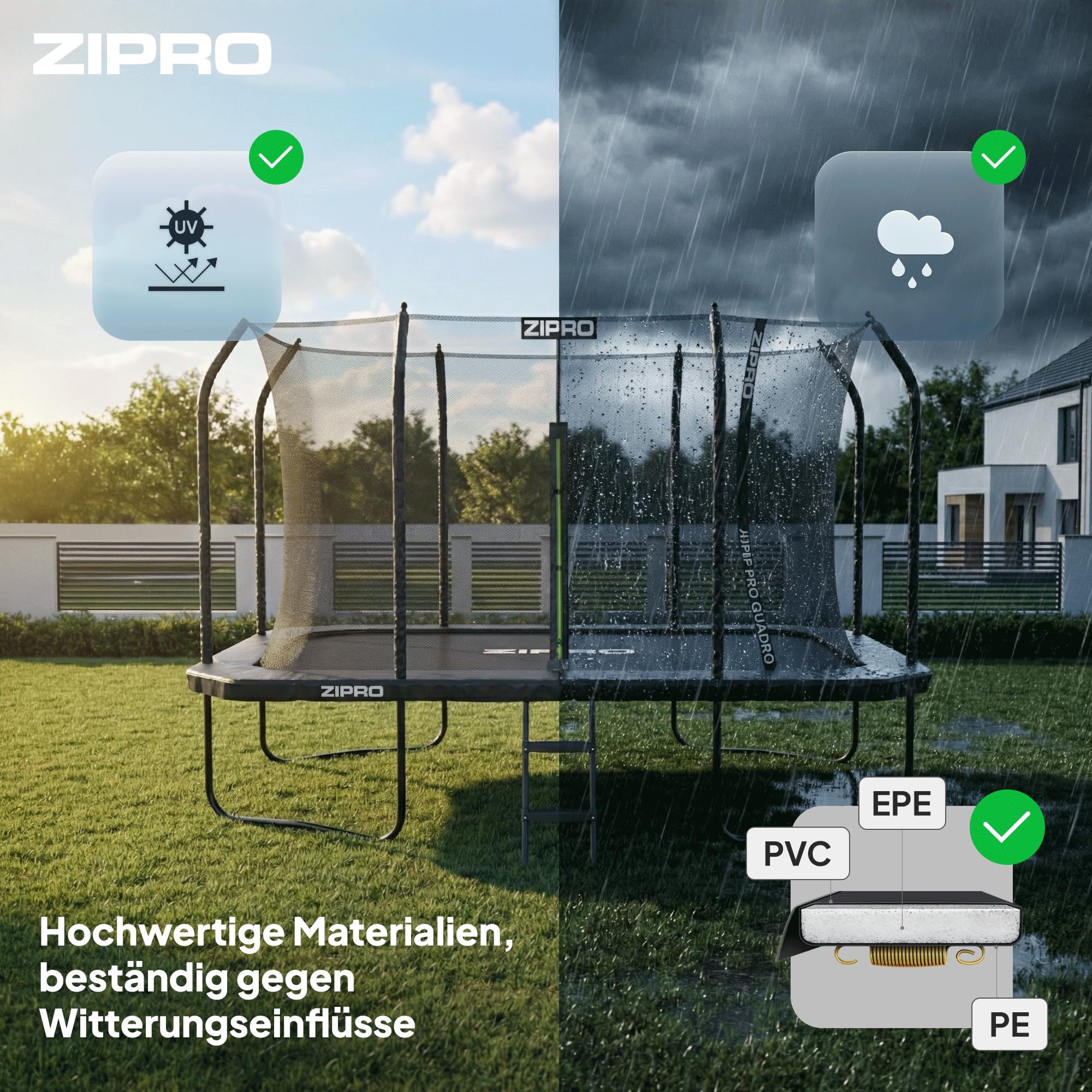 ZIPRO Trampolin Outdoor - Gartentrampolin Bodentrampolin Garten mit Trampolinnetz Trampolinmatte Trampolinleiter Netz Leiter 366/472 cm 12ft 14ft bis 150 kg Familientrampolin - Quadro