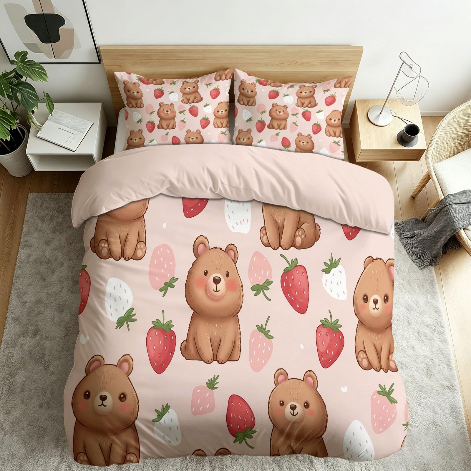 Housse de couette 200x200 anti-plis parure rose lit ours brun