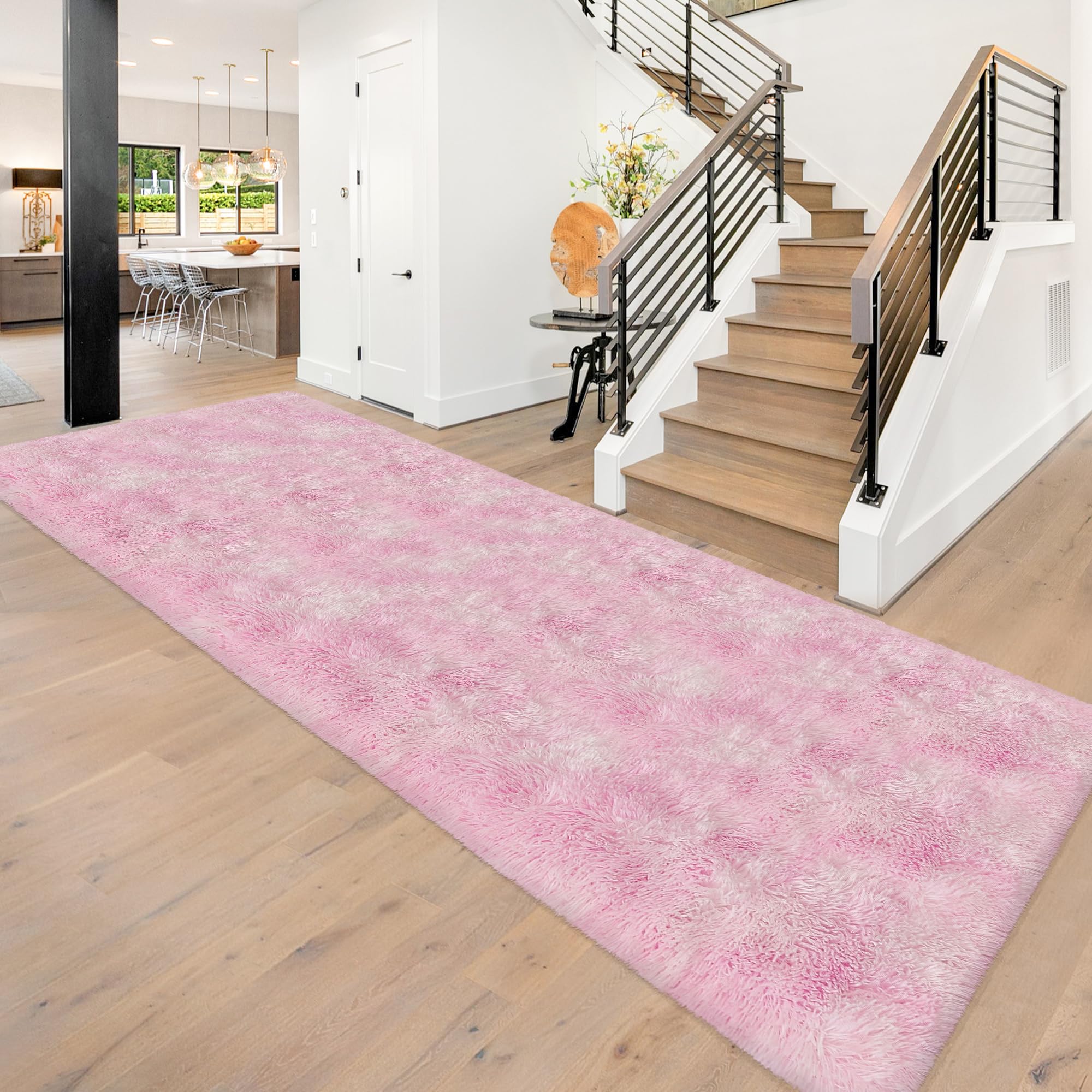 JiaoBaba Super Soft Fluffy Living Room Area Rug 3x10 ft Tie-Dyed Light Pink Shaggy Furry Carpet Washable Non-Slip Floor Rugs Bedroom Bedside Nursery