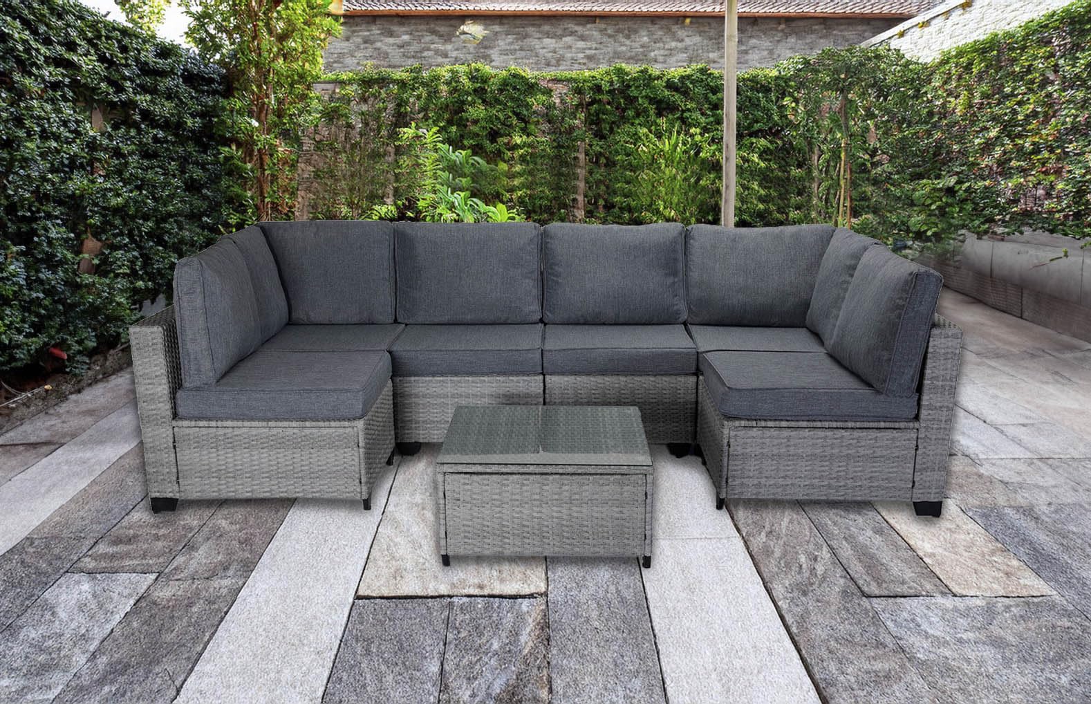 S & S Saldos y Stocks Conjunto de Sofas de Exterior en Ratan PE, 7 Piezas. Muebles de Jardin y Terraza, Gris