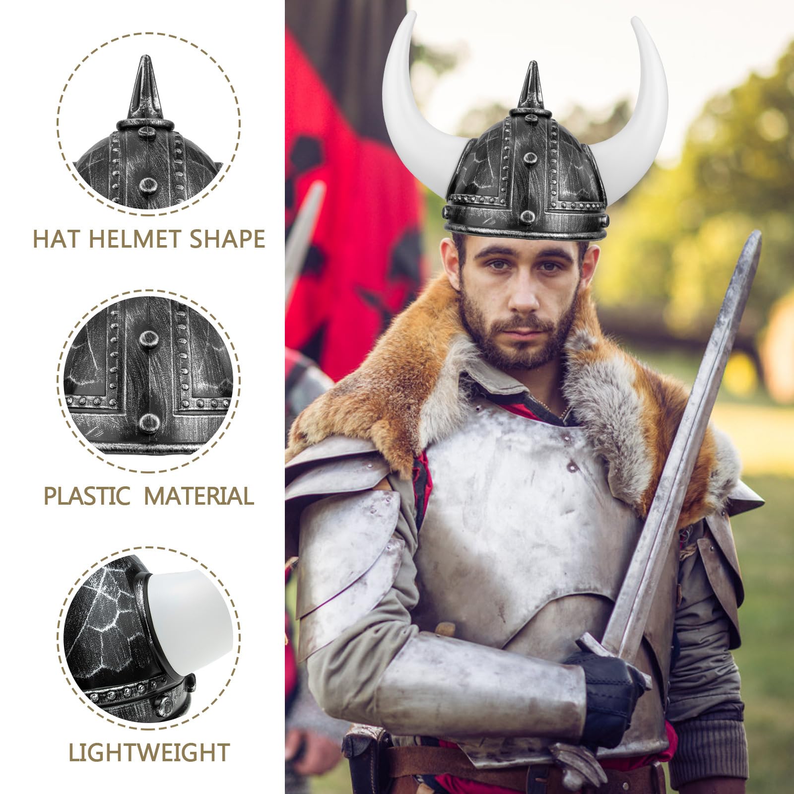 Homoyoyo Viking Costume Men Viking Helmet Horn Hat Buccaneers Hat Halloween Costume Supplies Warrior Make up Headgear Man Plastic - Image 3